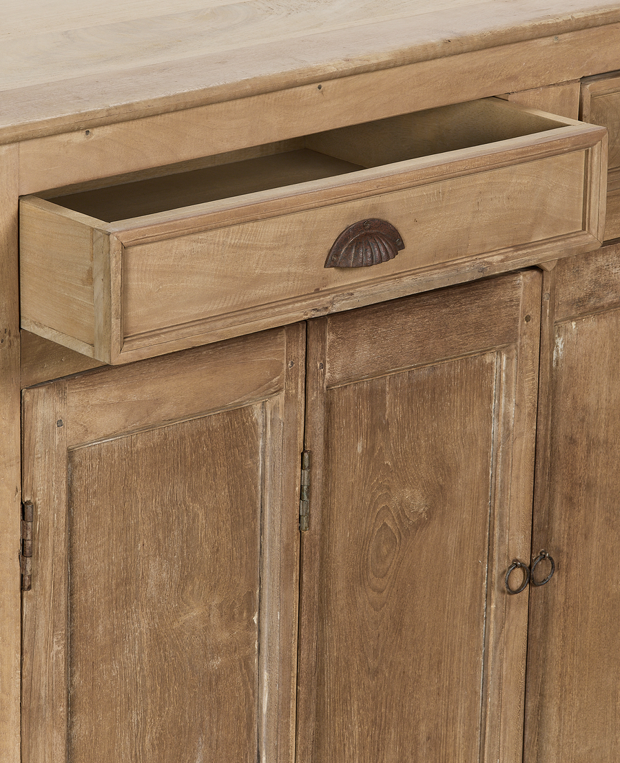 Vintage bleached oak wood cabinet with open drawer, detailed rustic pull hardware.