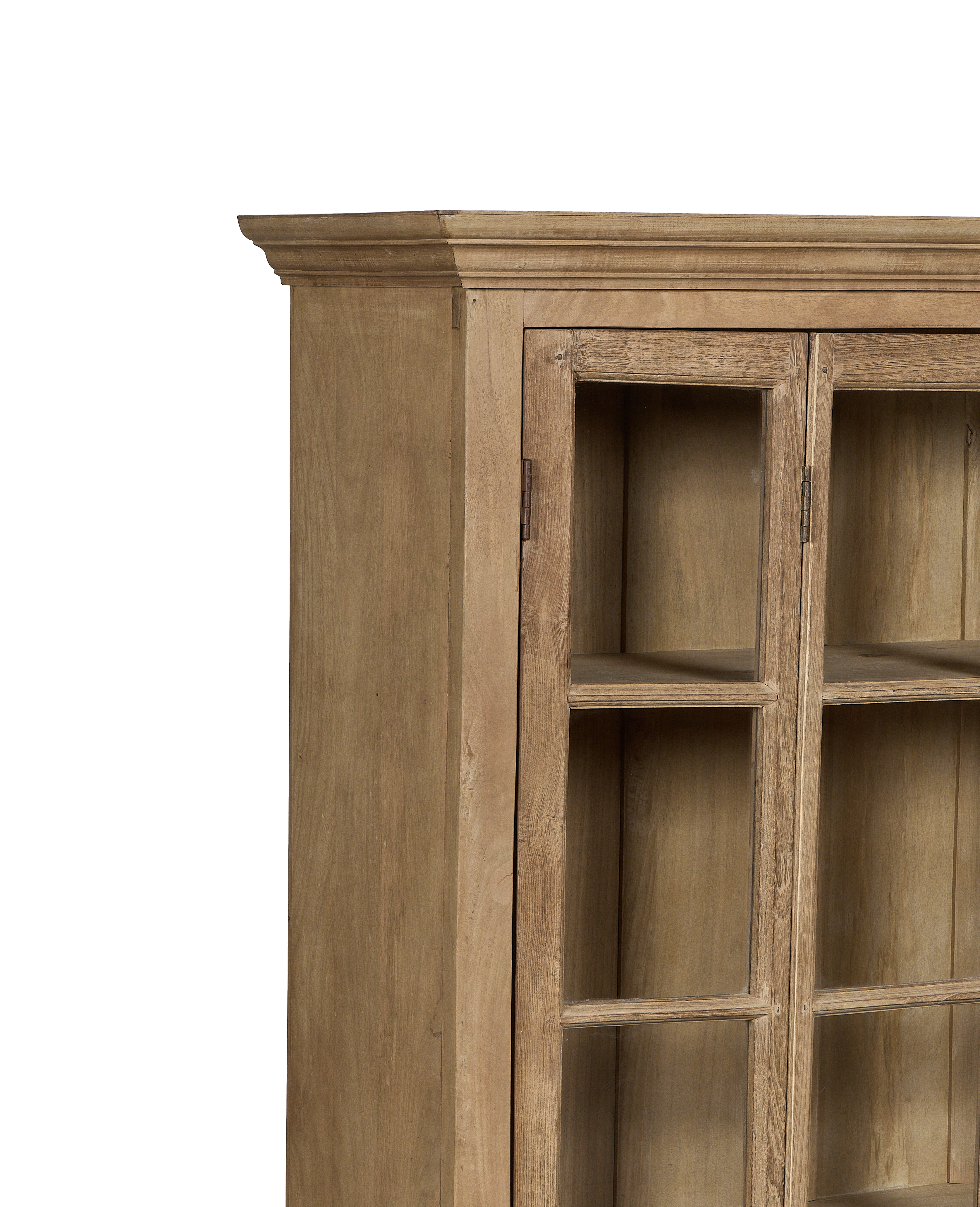 Vintage bleached oak cabinet, India, showing intricate door joinery and aged wood details.