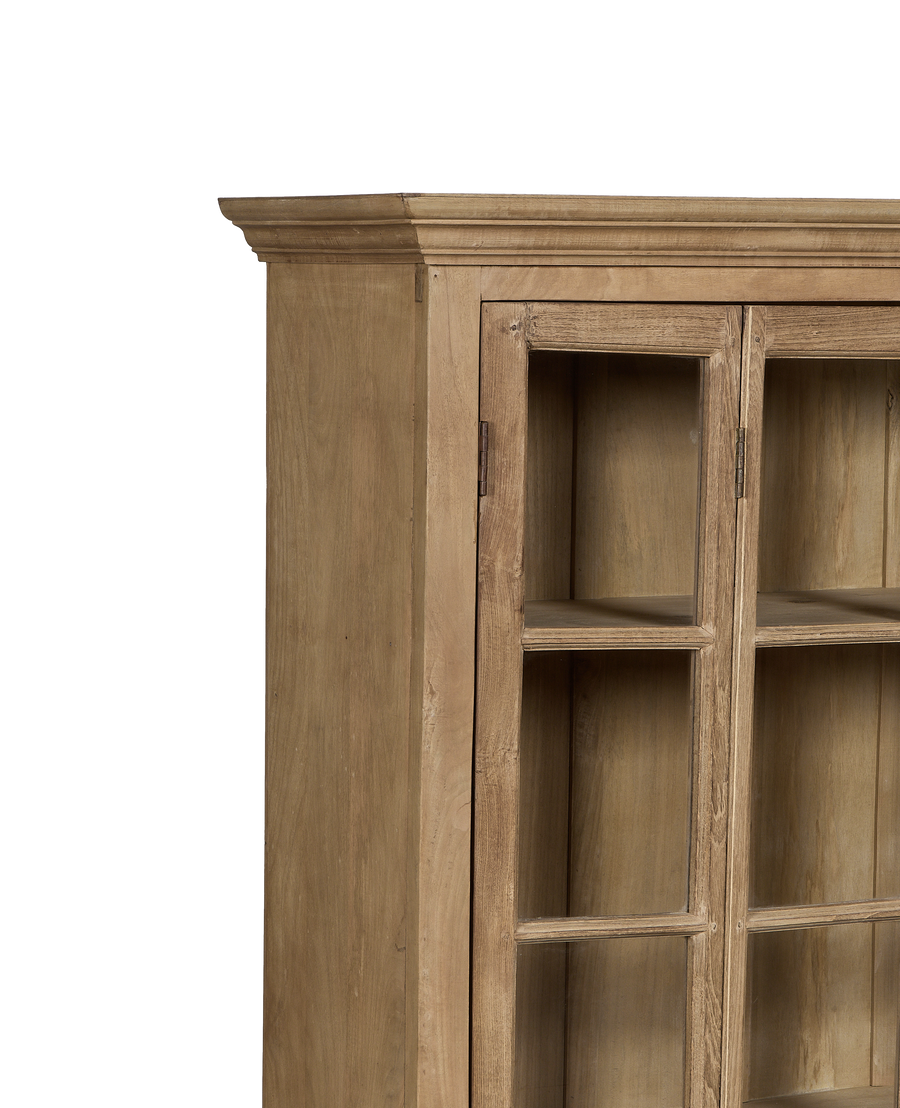 Vintage bleached oak cabinet, India, showing intricate door joinery and aged wood details.