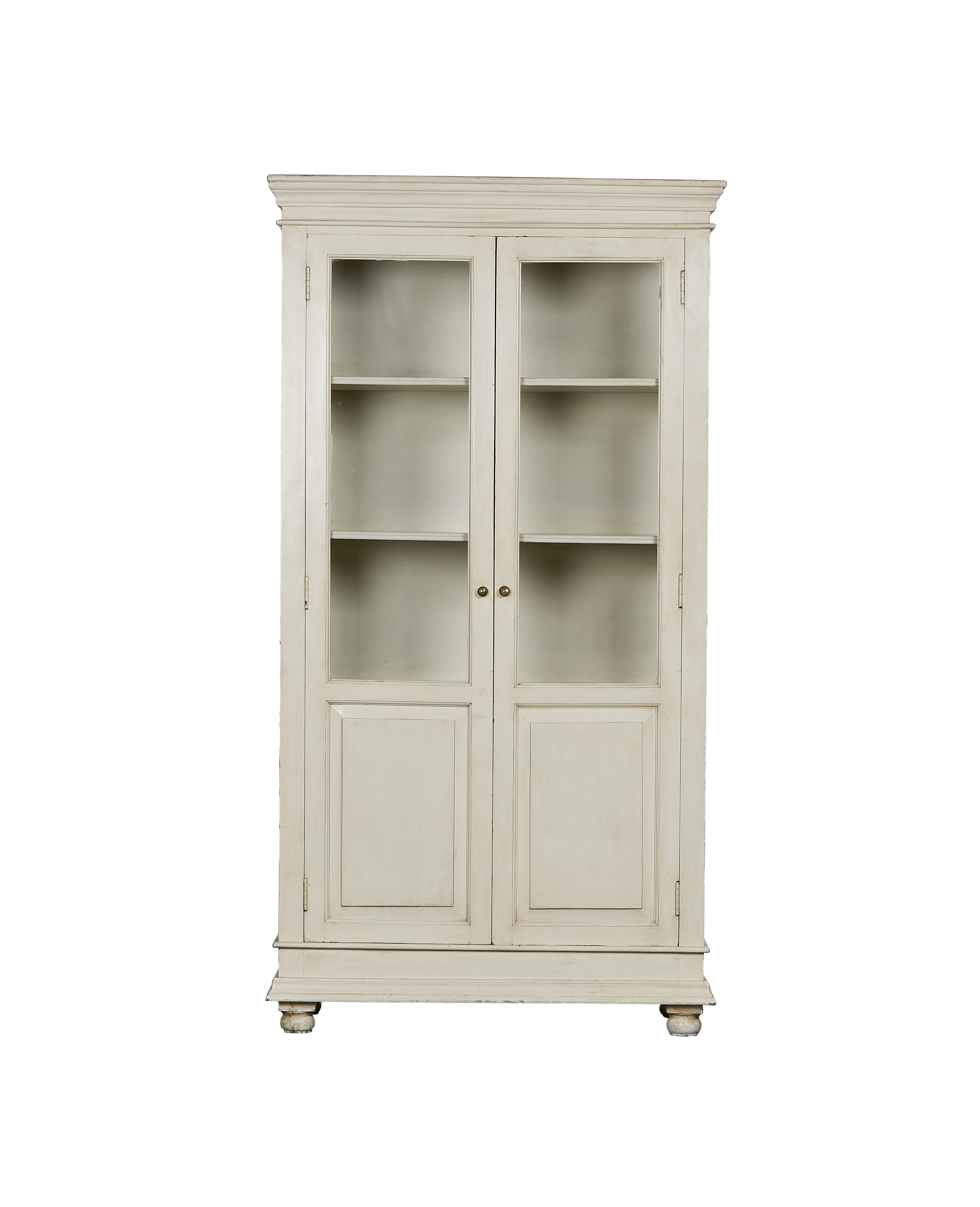 Vintage Indian painted oak cabinet, two glass doors, two lower panels, brass pulls.