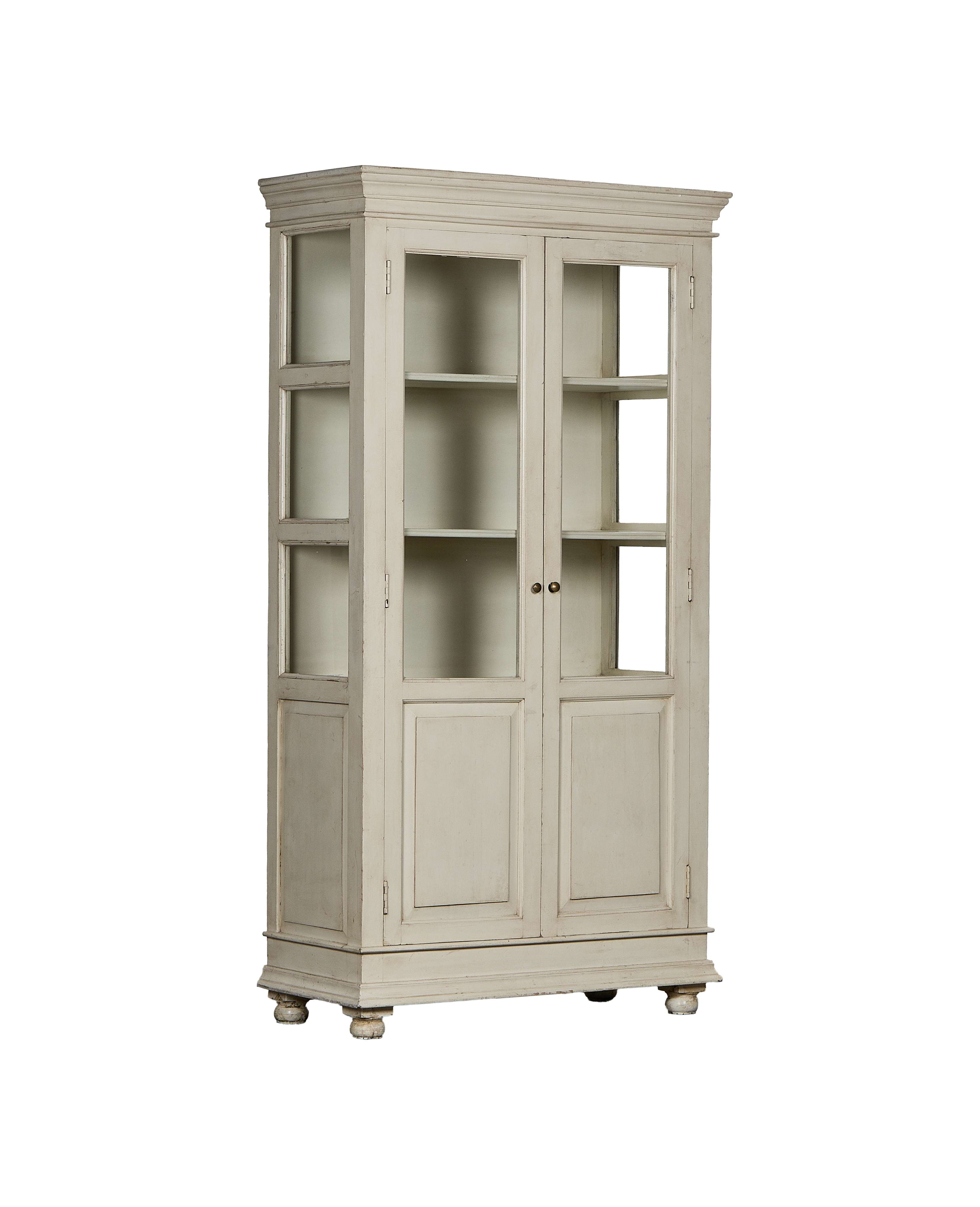 Vintage painted oak display cabinet from India, showcasing its intricate top molding and base.