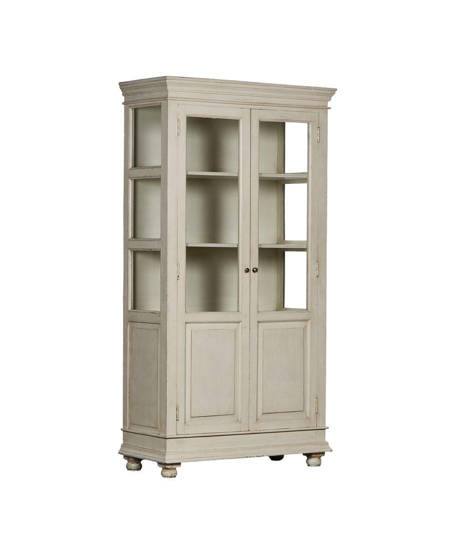 Vintage painted oak display cabinet from India, showcasing its intricate top molding and base.