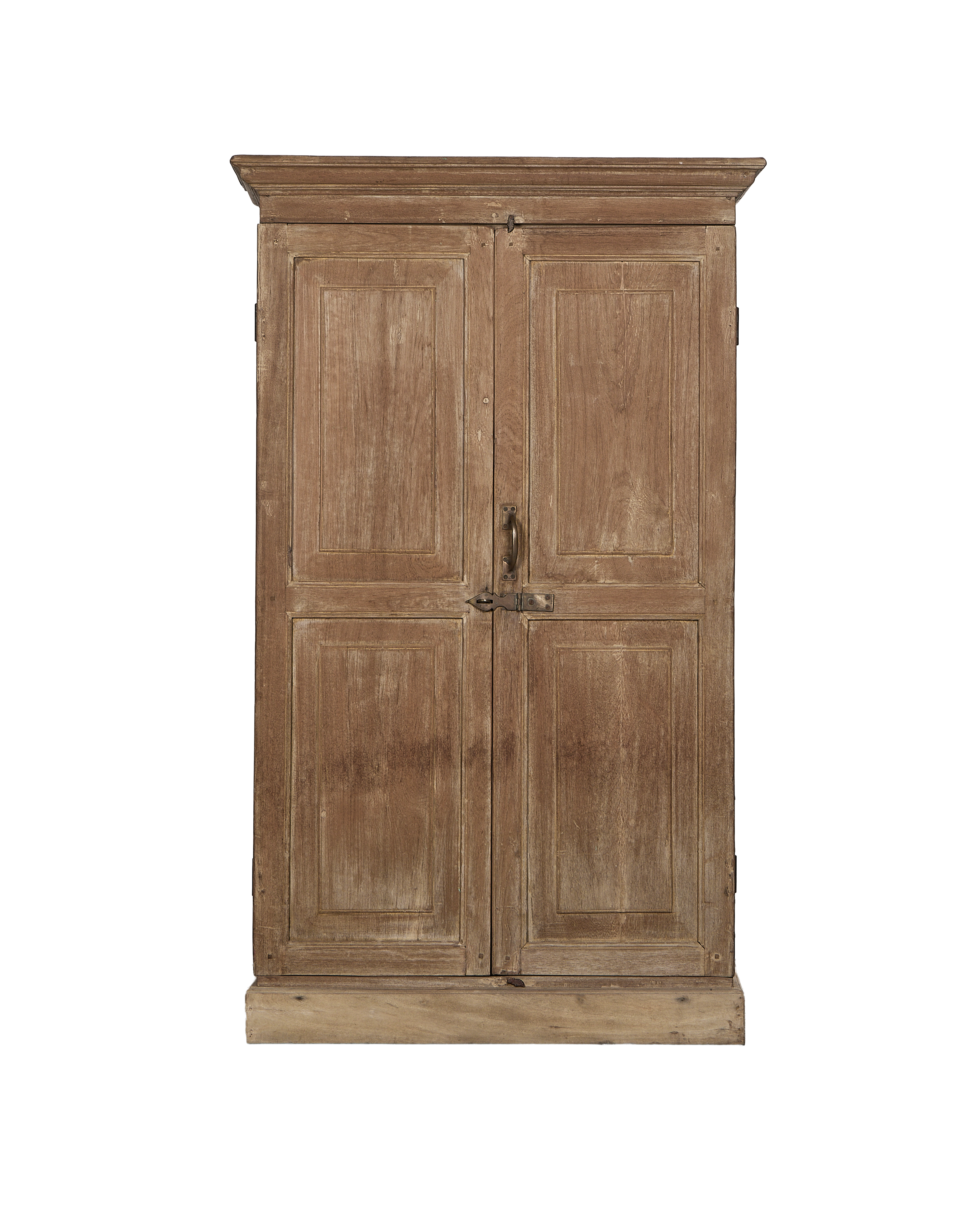 Vintage bleached oak cabinet from India, featuring paneled doors and antique latch.