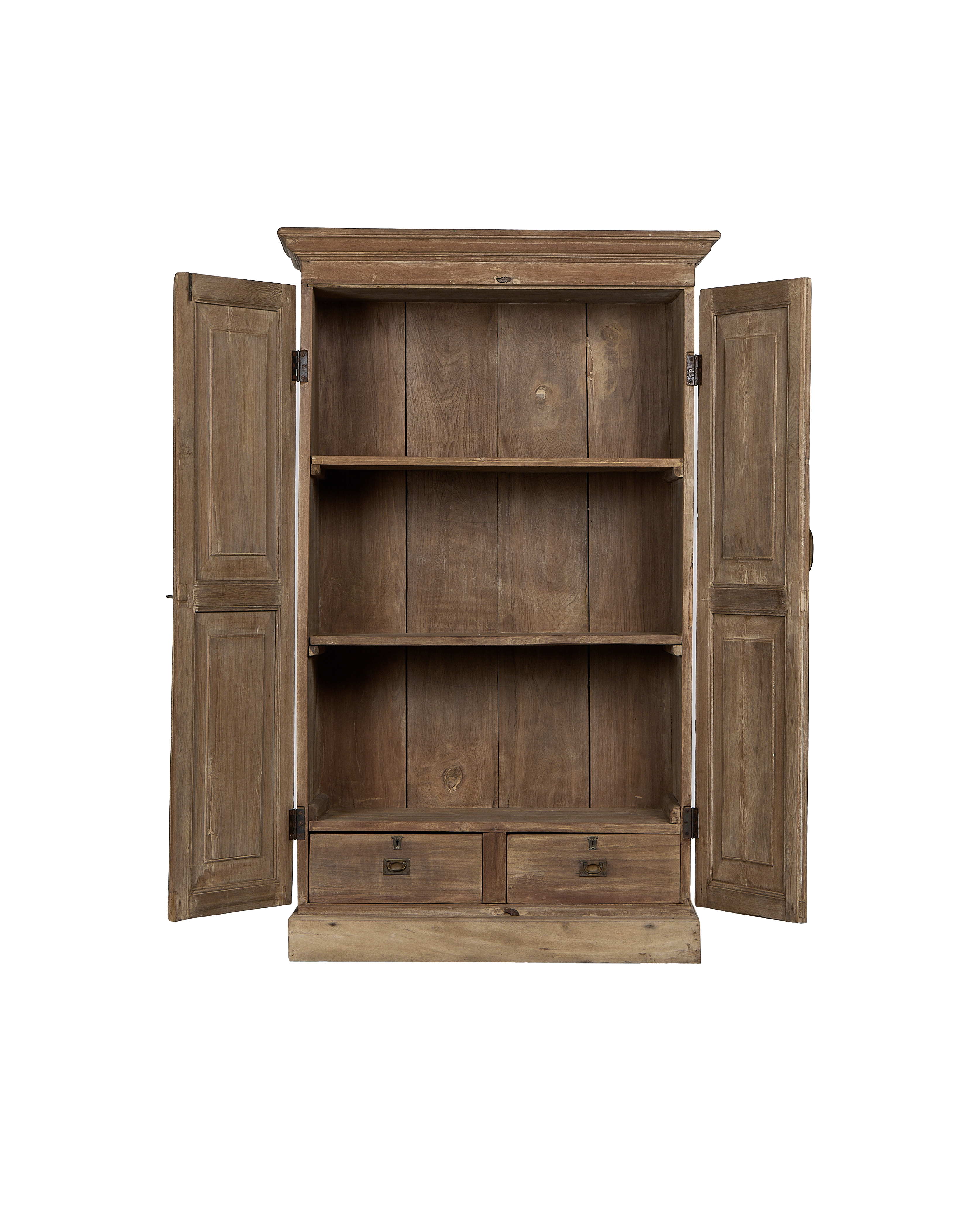 Open vintage bleached oak cabinet from India, showing two shelves and two bottom drawers.