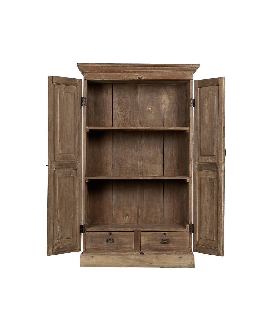 Open vintage bleached oak cabinet from India, showing two shelves and two bottom drawers.