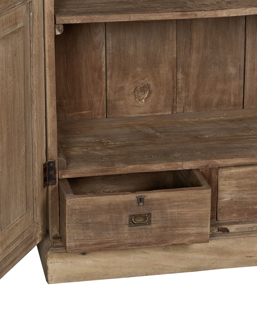 Vintage bleached oak Indian cabinet with open drawer, detailed brass pull and rusty hinge.