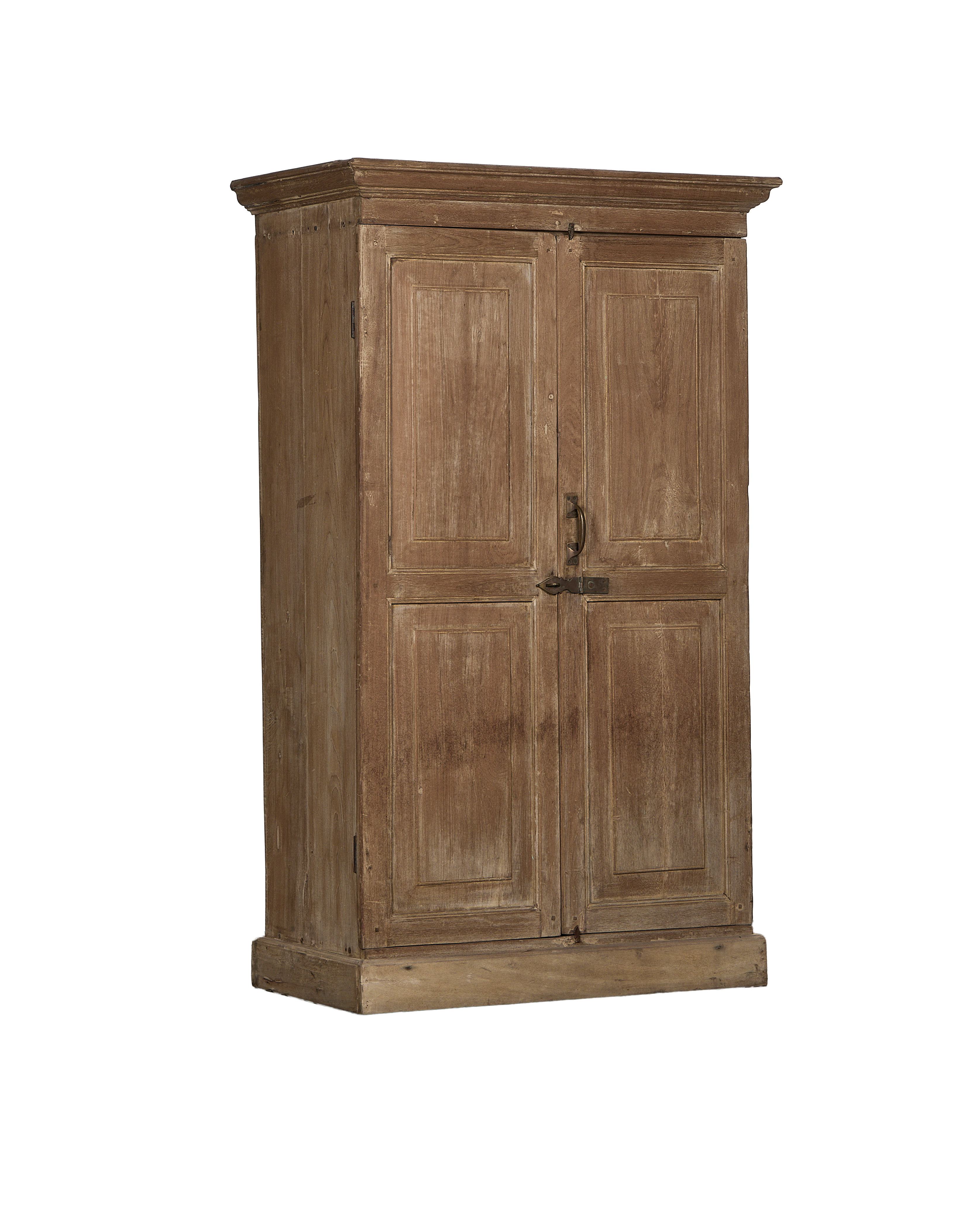 Vintage bleached oak Indian cabinet, showing panel doors, detailed hardware, and base molding.