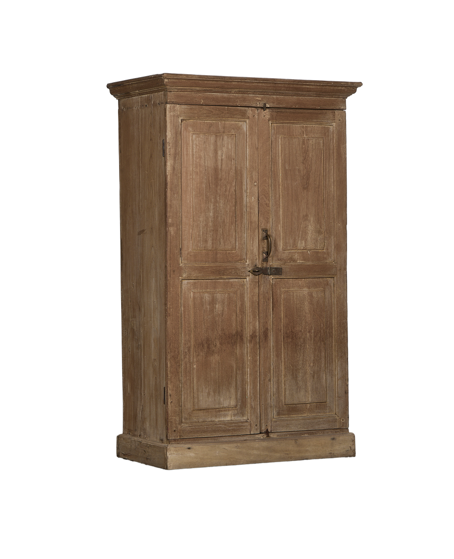 Vintage bleached oak Indian cabinet, showing panel doors, detailed hardware, and base molding.