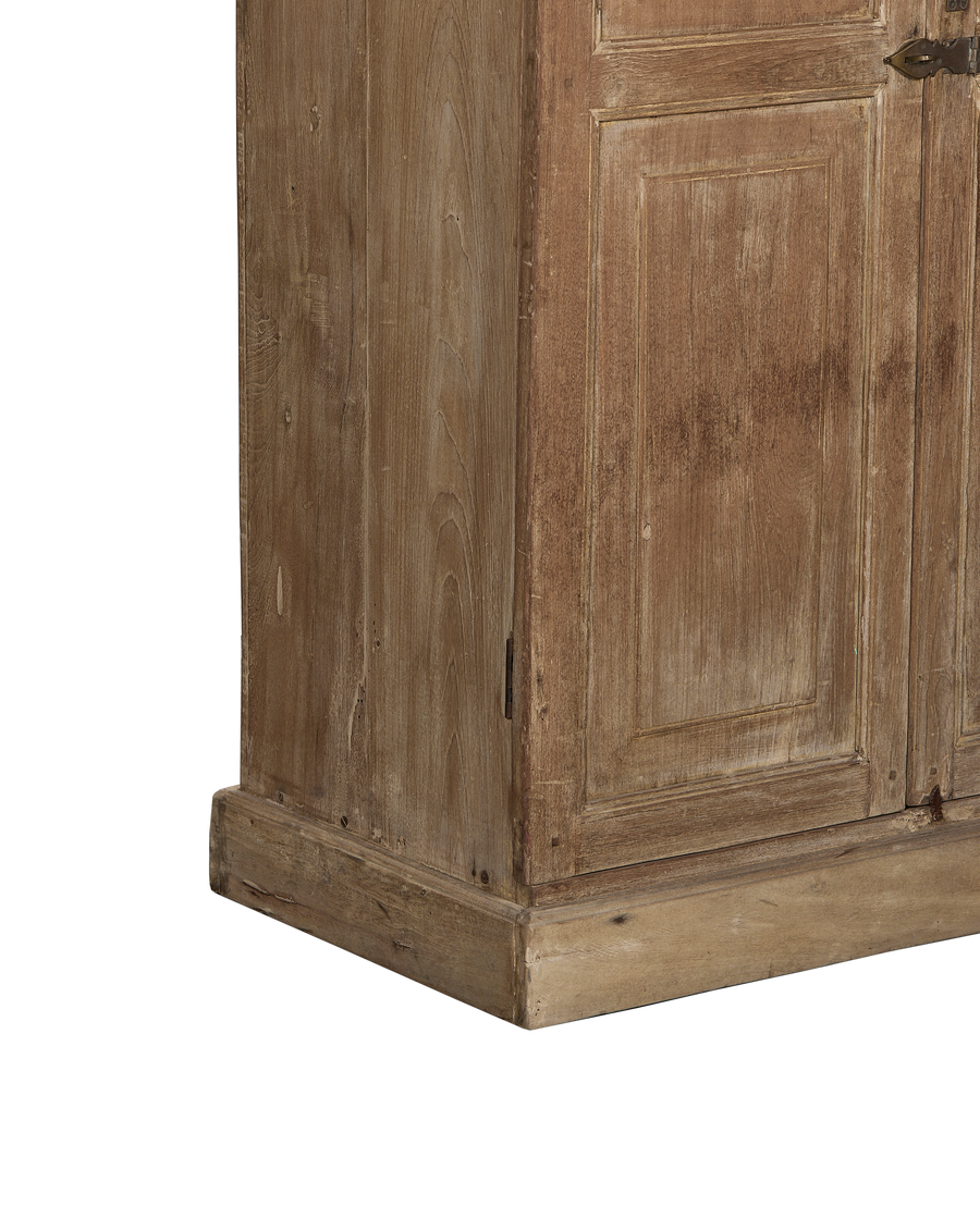 Vintage bleached oak cabinet base with weathered details, made in India.