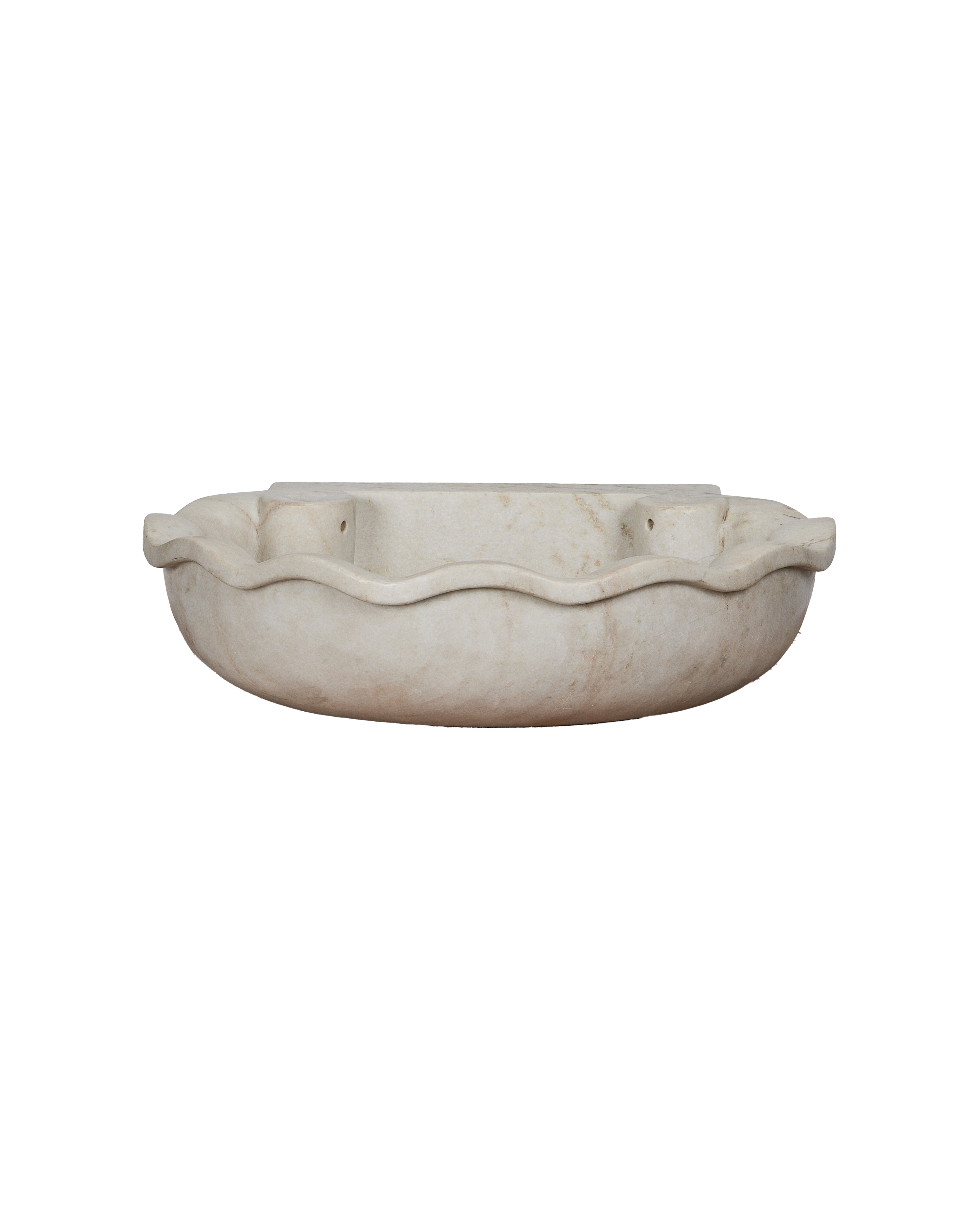 Reproduction Indian OAK white marble sink, side view showing wavy edge.