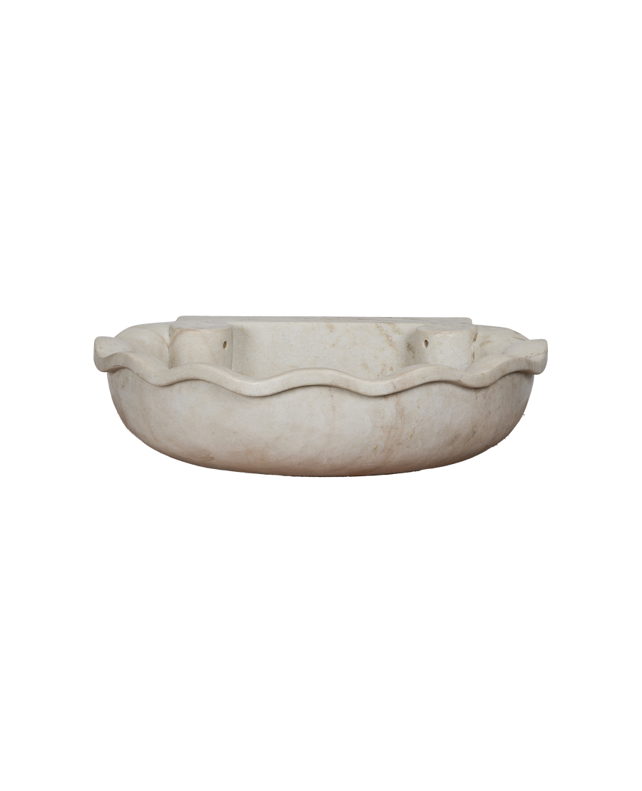 Reproduction Indian OAK white marble sink, side view showing wavy edge.