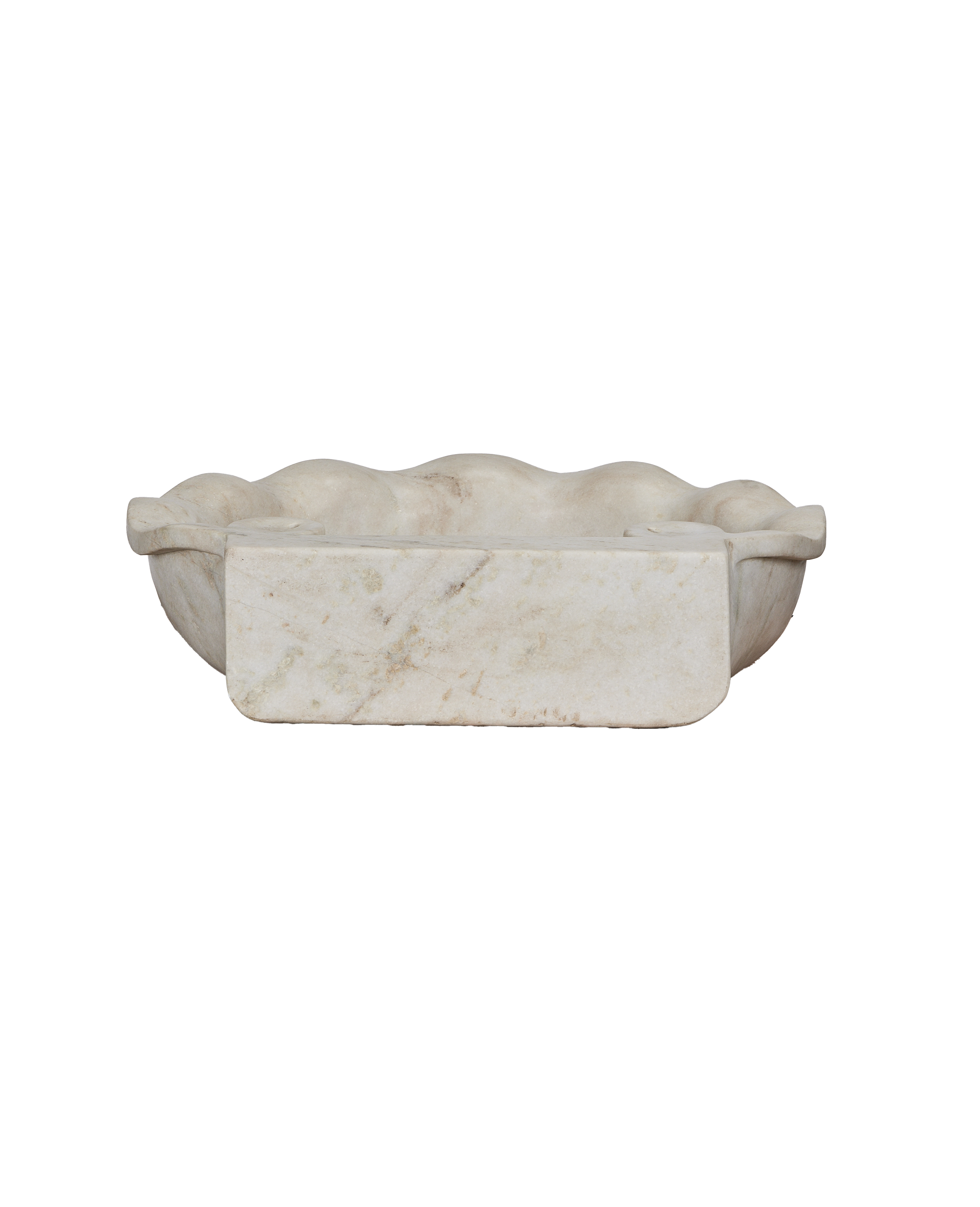 Cream marble reproduction sink, showing front view of curved basin and soap holder.