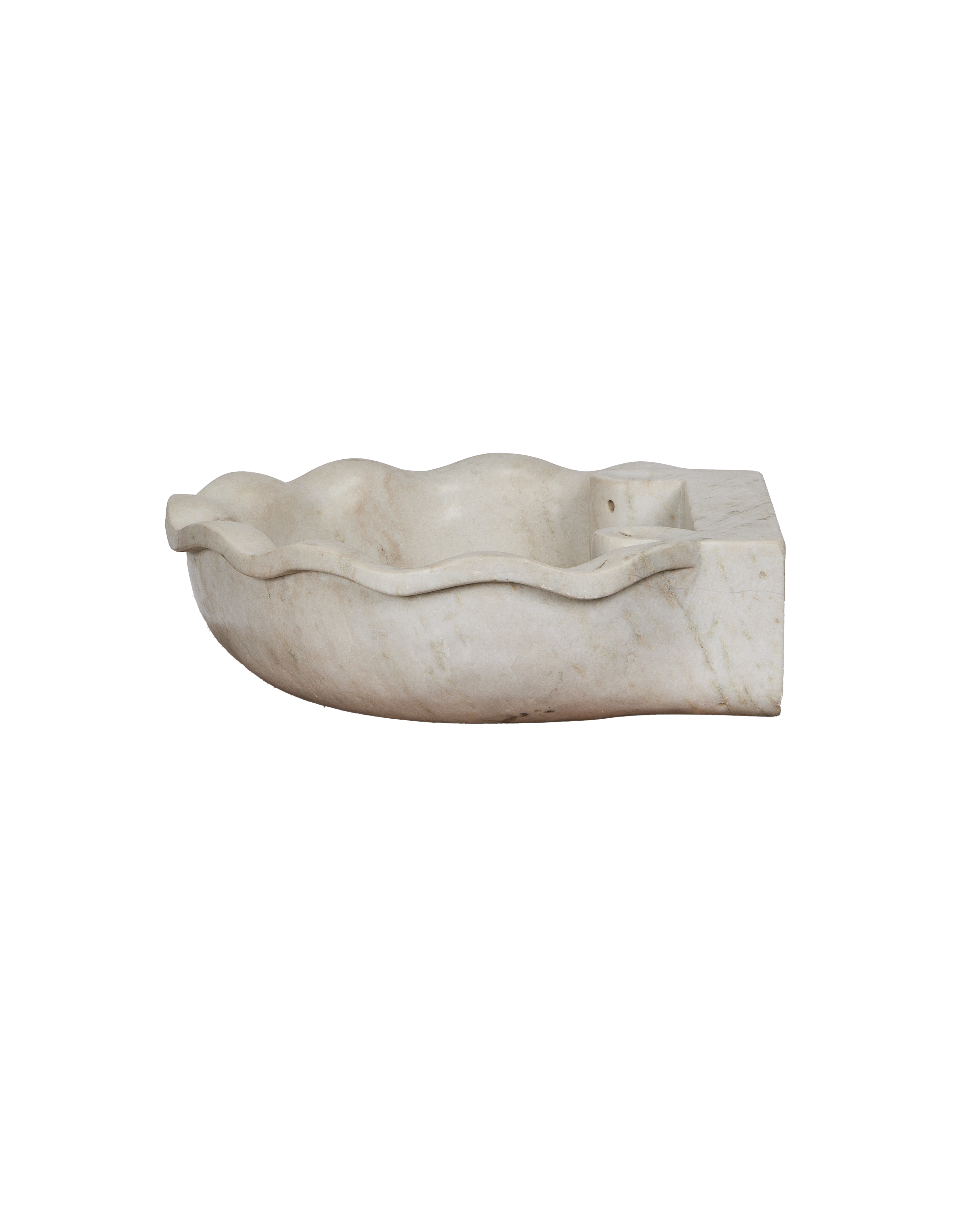 Reproduction Indian OAK white marble sink with wavy front rim, back view.