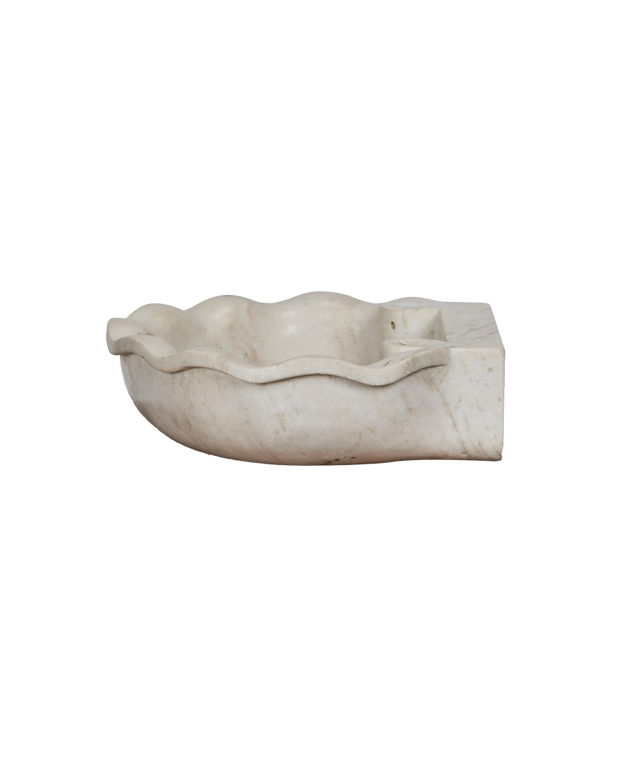 Reproduction Indian OAK white marble sink with wavy front rim, back view.
