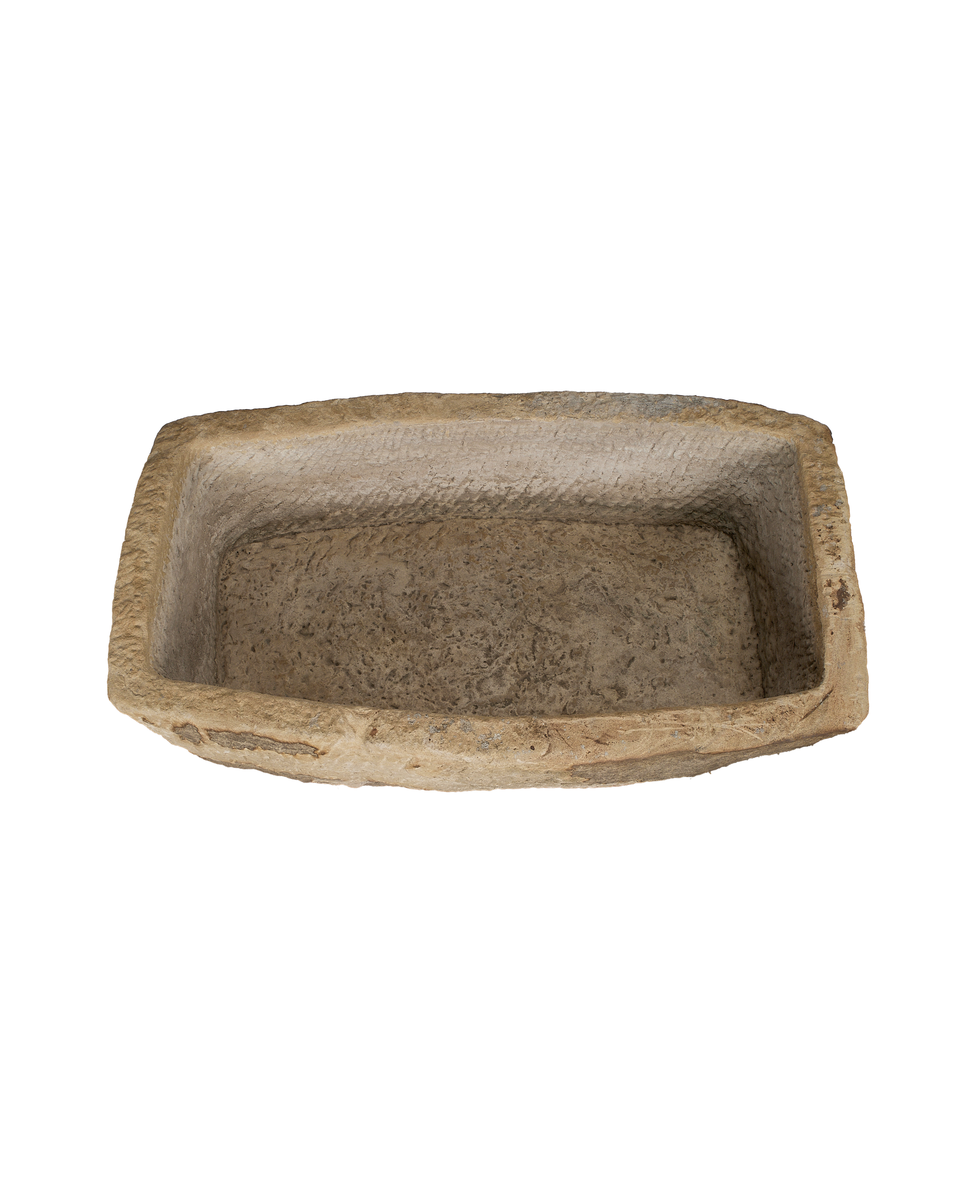 Vintage rectangular Indian stone trough, weathered surface, wide overhead view showing interior texture.
