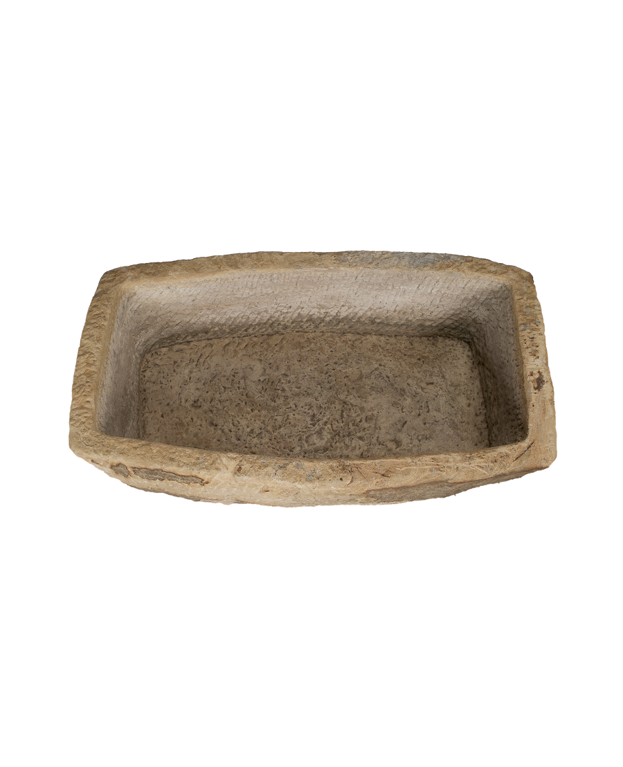 Vintage rectangular Indian stone trough, weathered surface, wide overhead view showing interior texture.