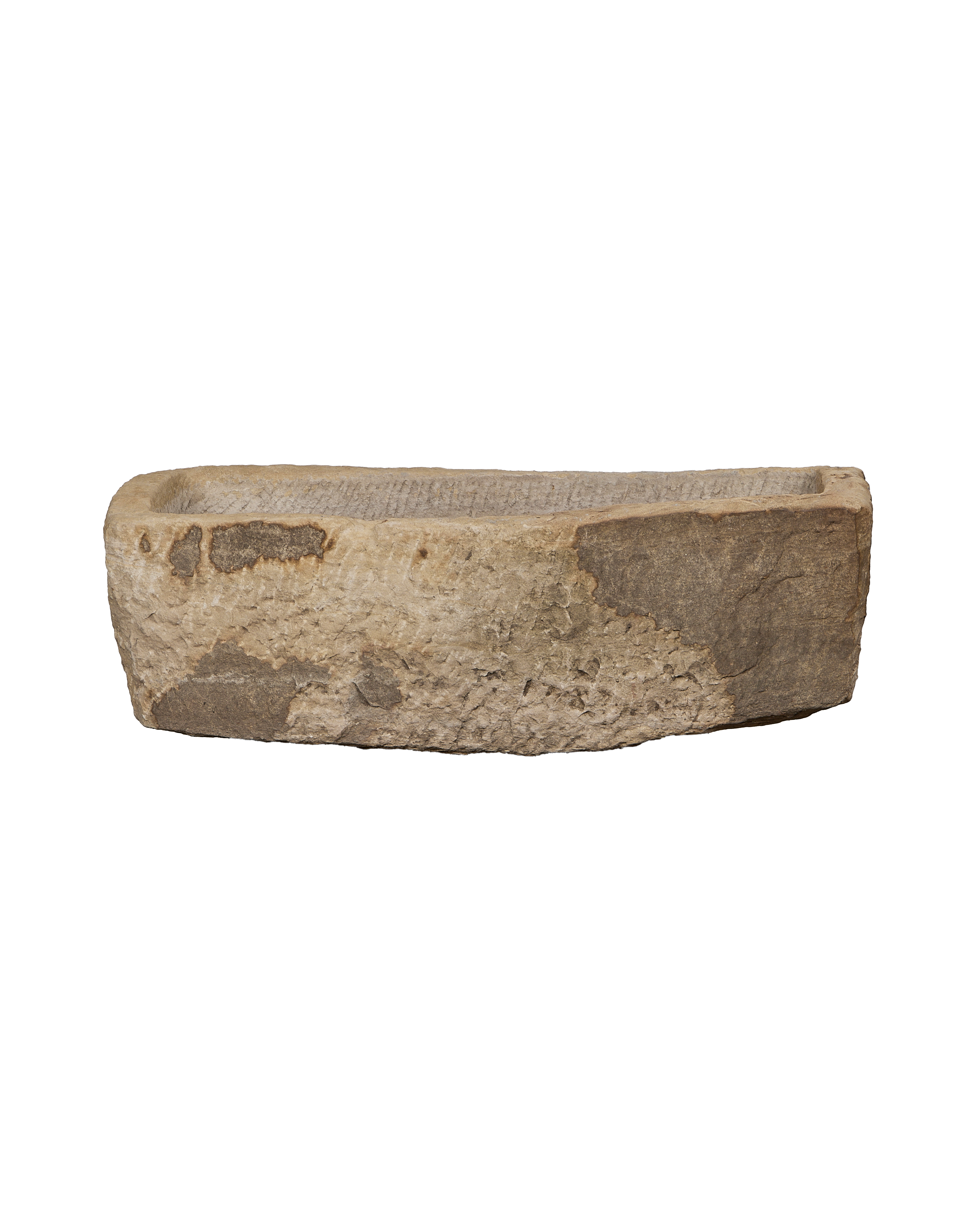 Vintage Indian rectangular stone trough, overhead view highlighting textured grey interior and weathered condition.