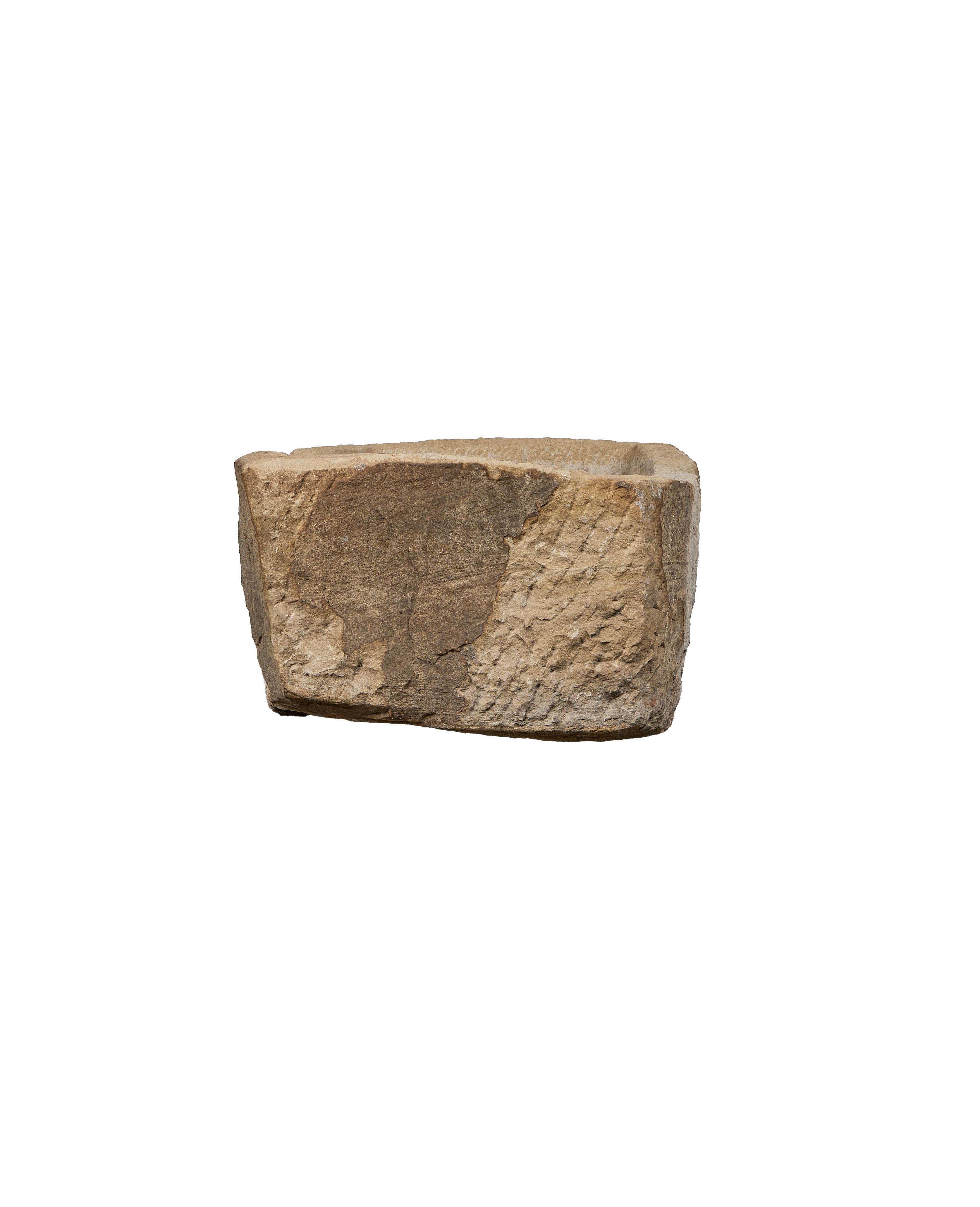 Vintage Indian rectangle stone trough, top view showcasing weathered texture, and unique rim.