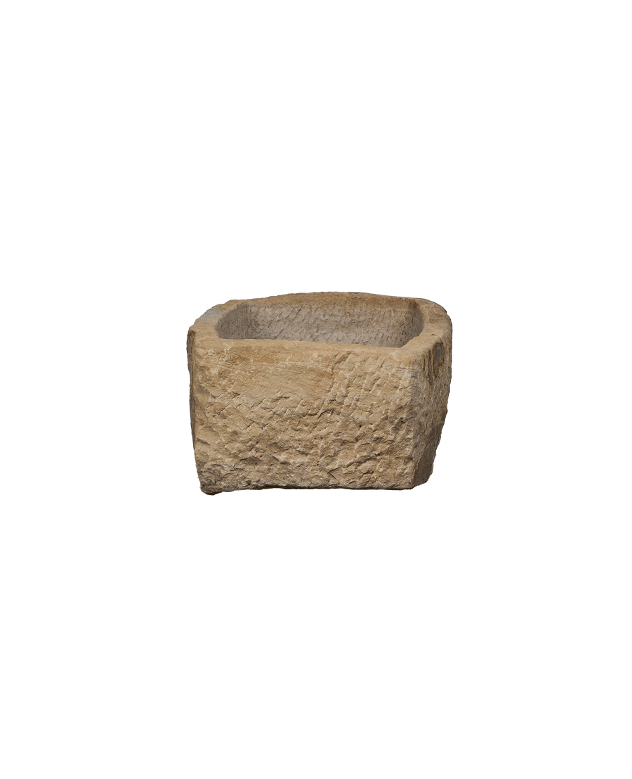 Vintage rectangular natural OAK stone trough from India, showing weathered texture.