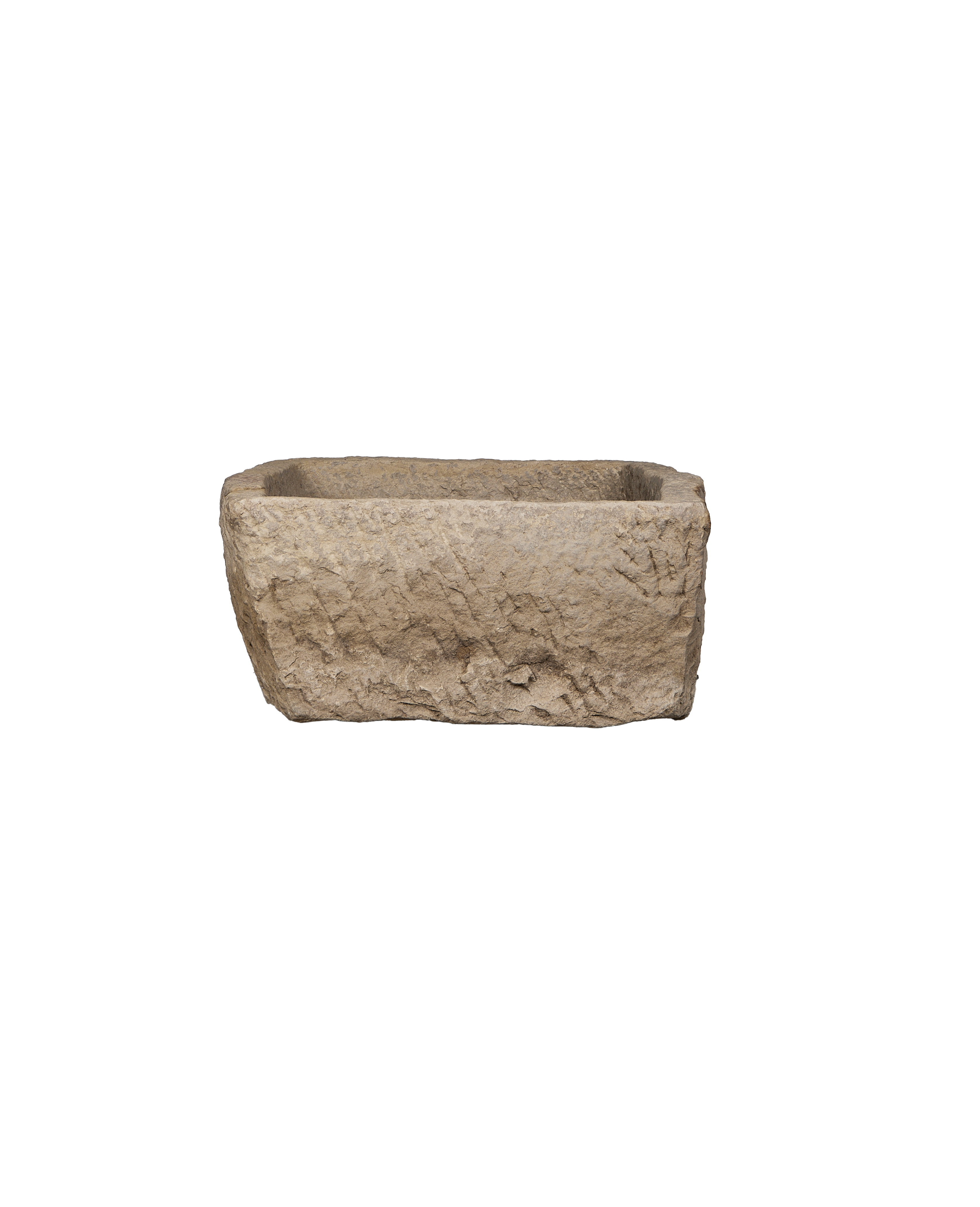 Vintage rectangular stone trough from India, showing rough texture, side and top view.
