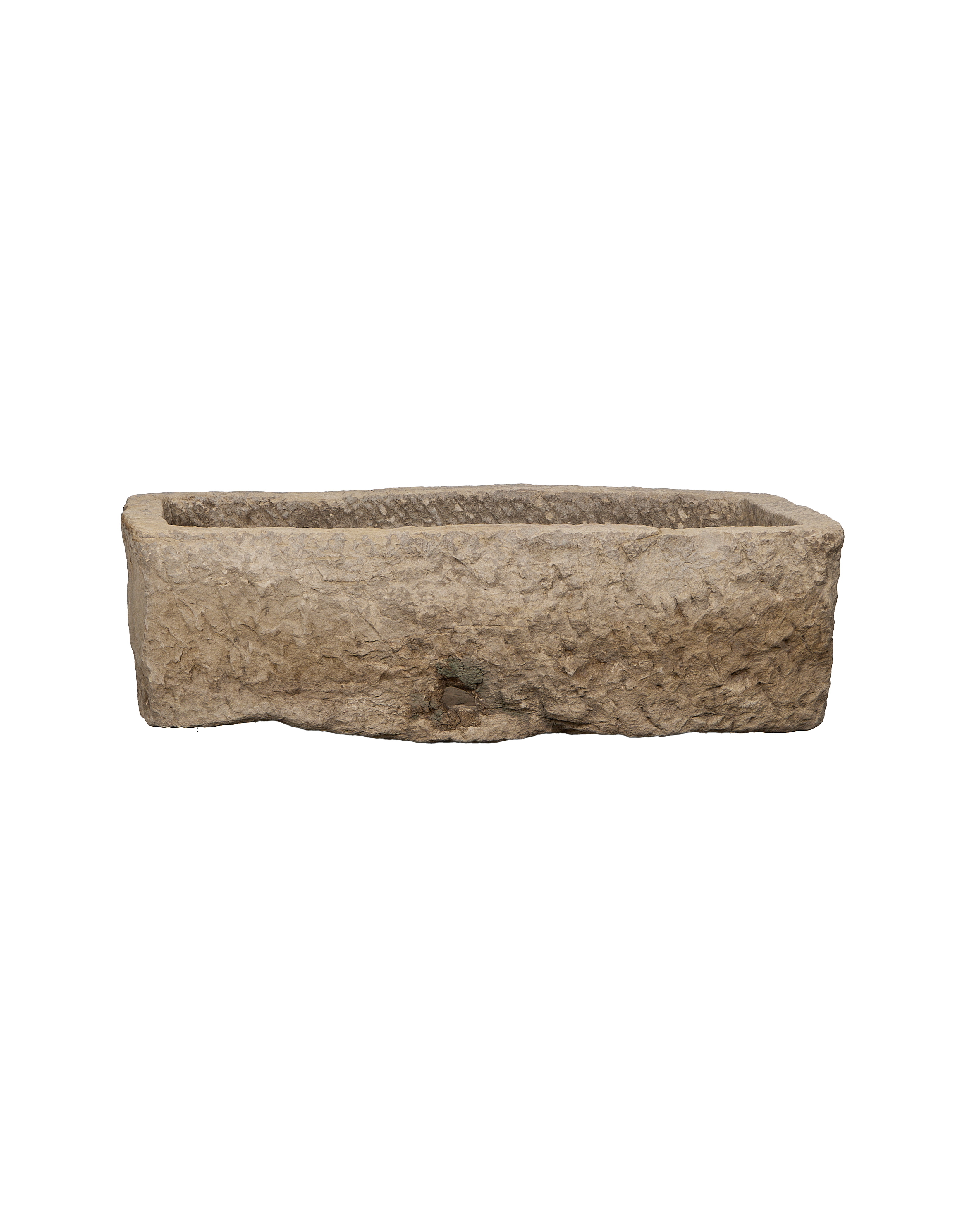 Vintage rectangular stone trough, light gray, with rough carved texture from India.