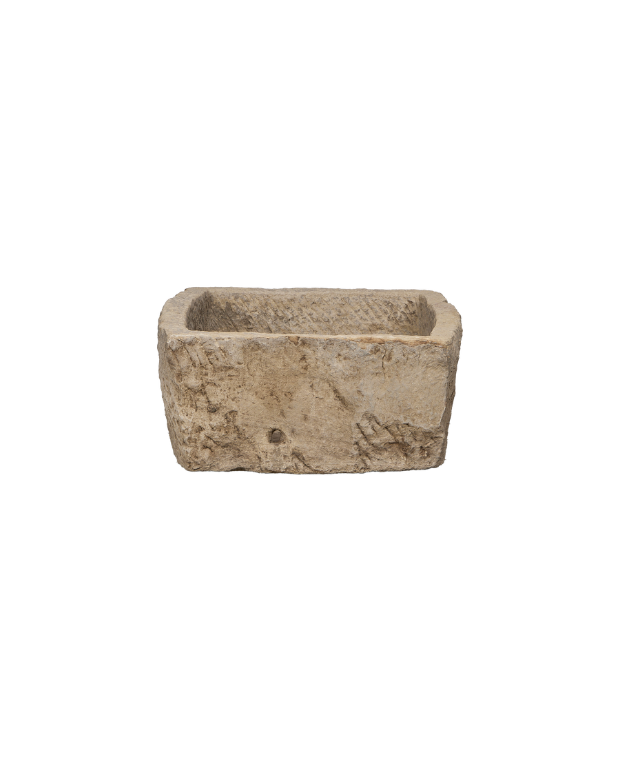 Vintage Indian OAK stone trough, rectangular with weathered patination, showing unique texture detail.