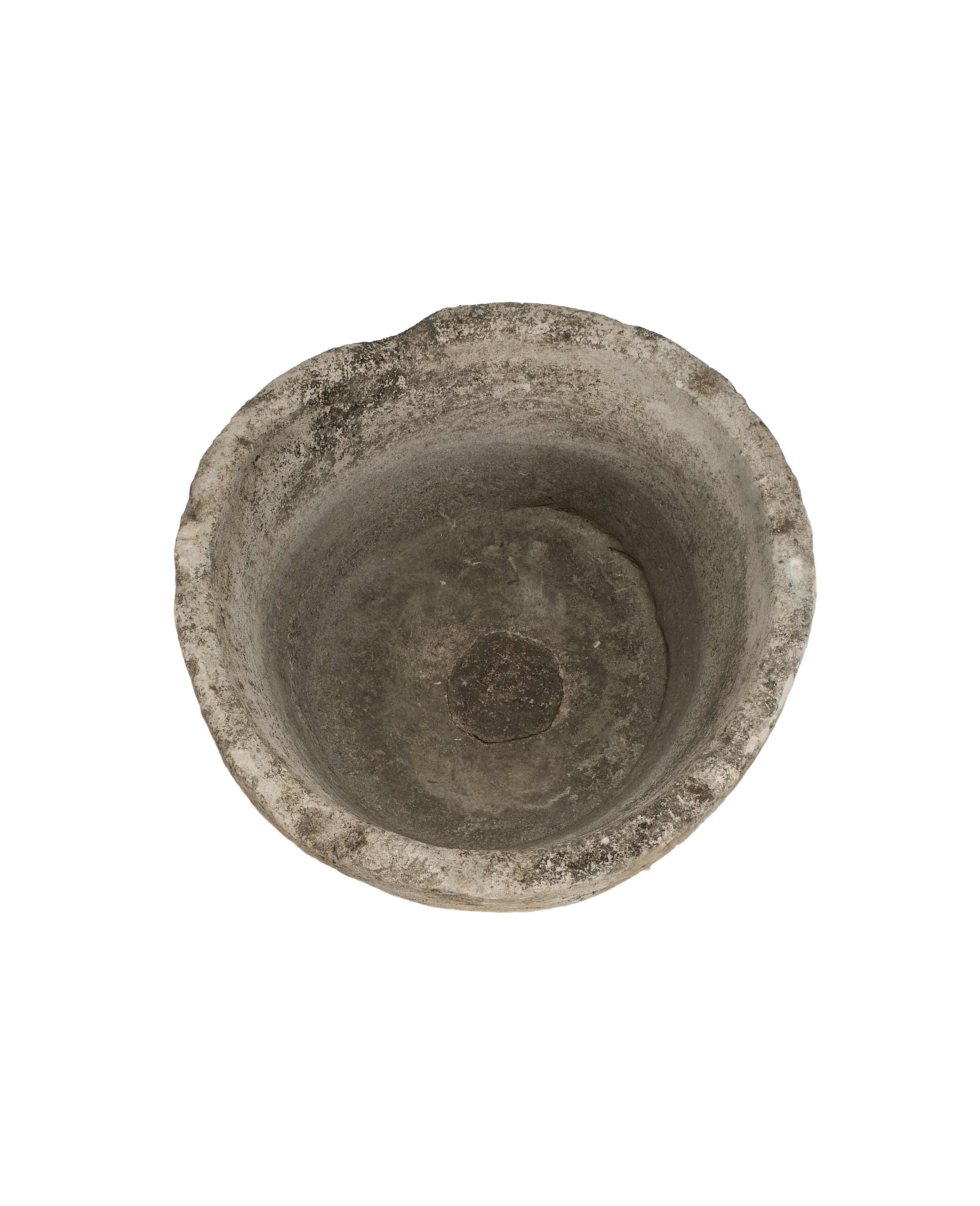 Vintage Indonesian round limestone trough, top-down view showing interior texture and worn rim.