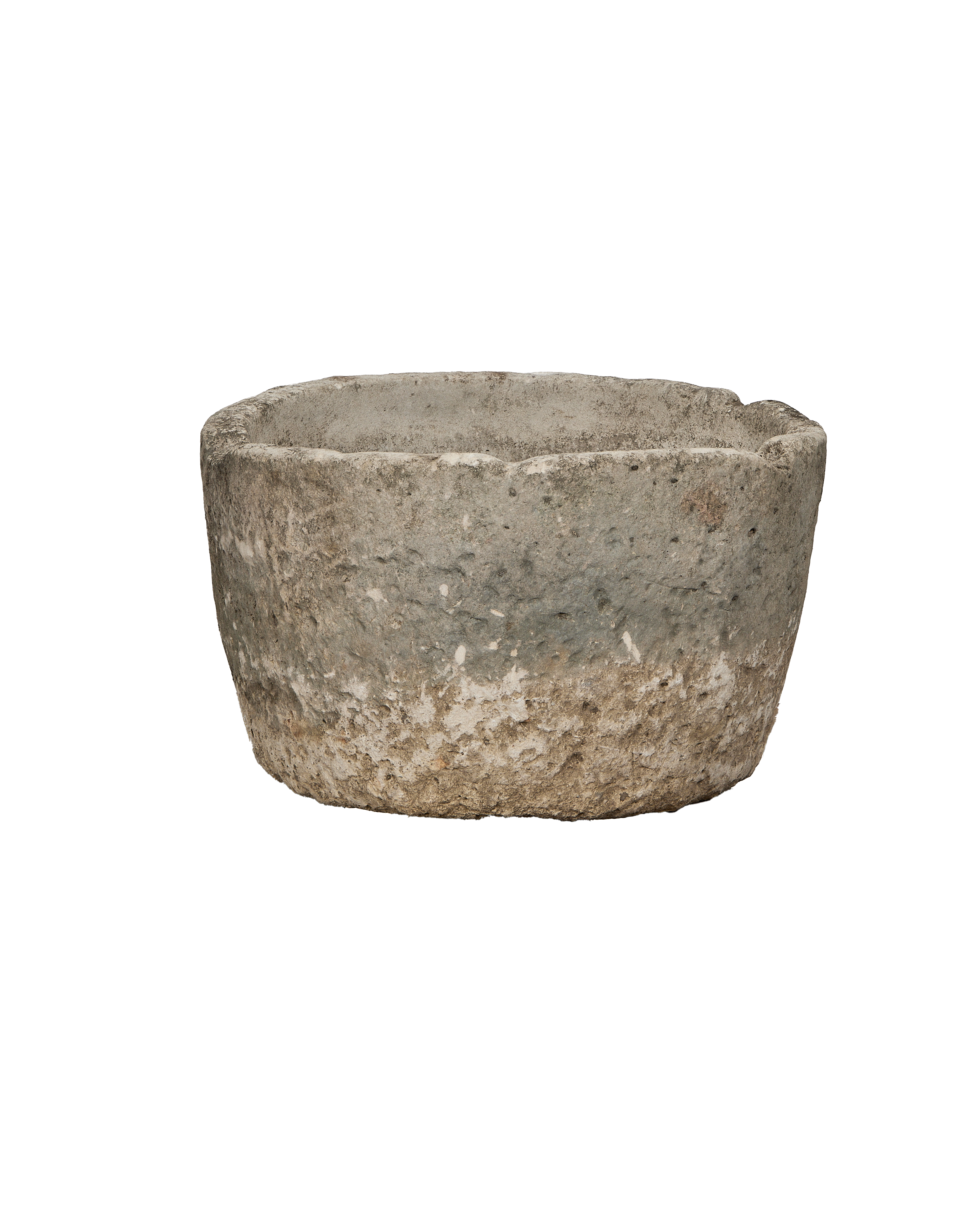 Vintage Indonesian limestone trough, round, showing detailed weathered surface condition.
