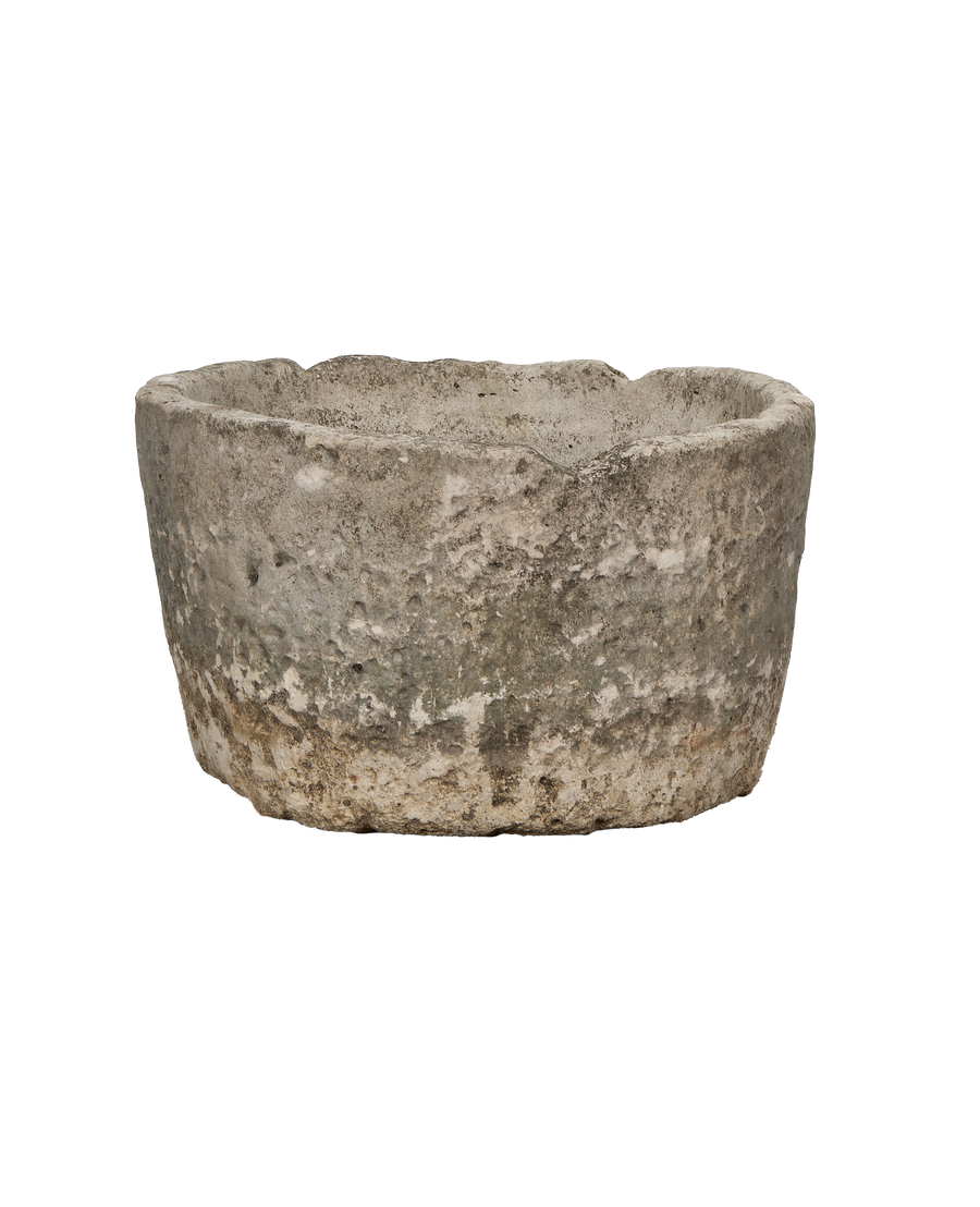 Vintage round limestone trough, rich Indonesian texture, aged patina, showing beautiful wear.