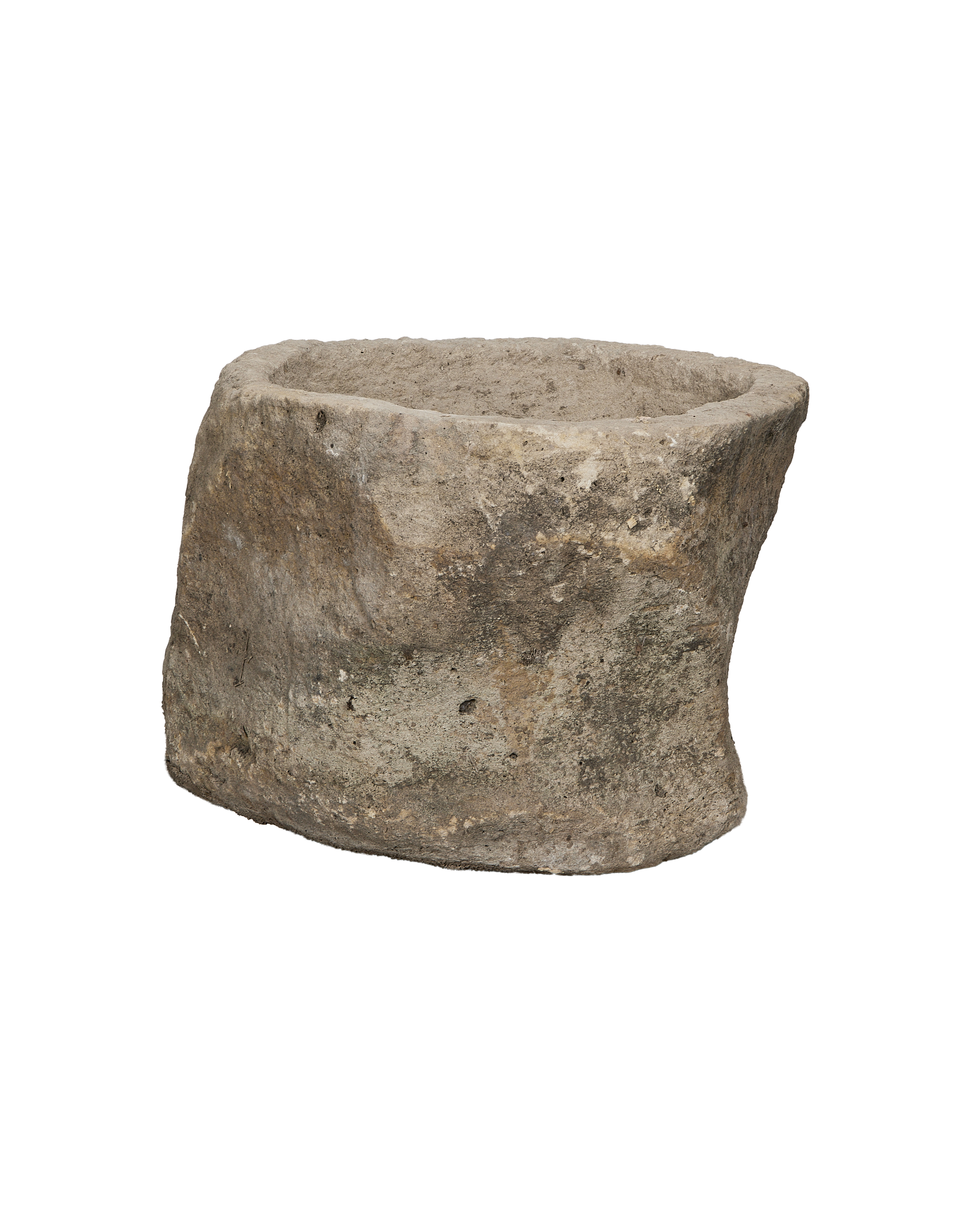 Vintage round limestone trough, Indonesian origin, showing weathered side texture.