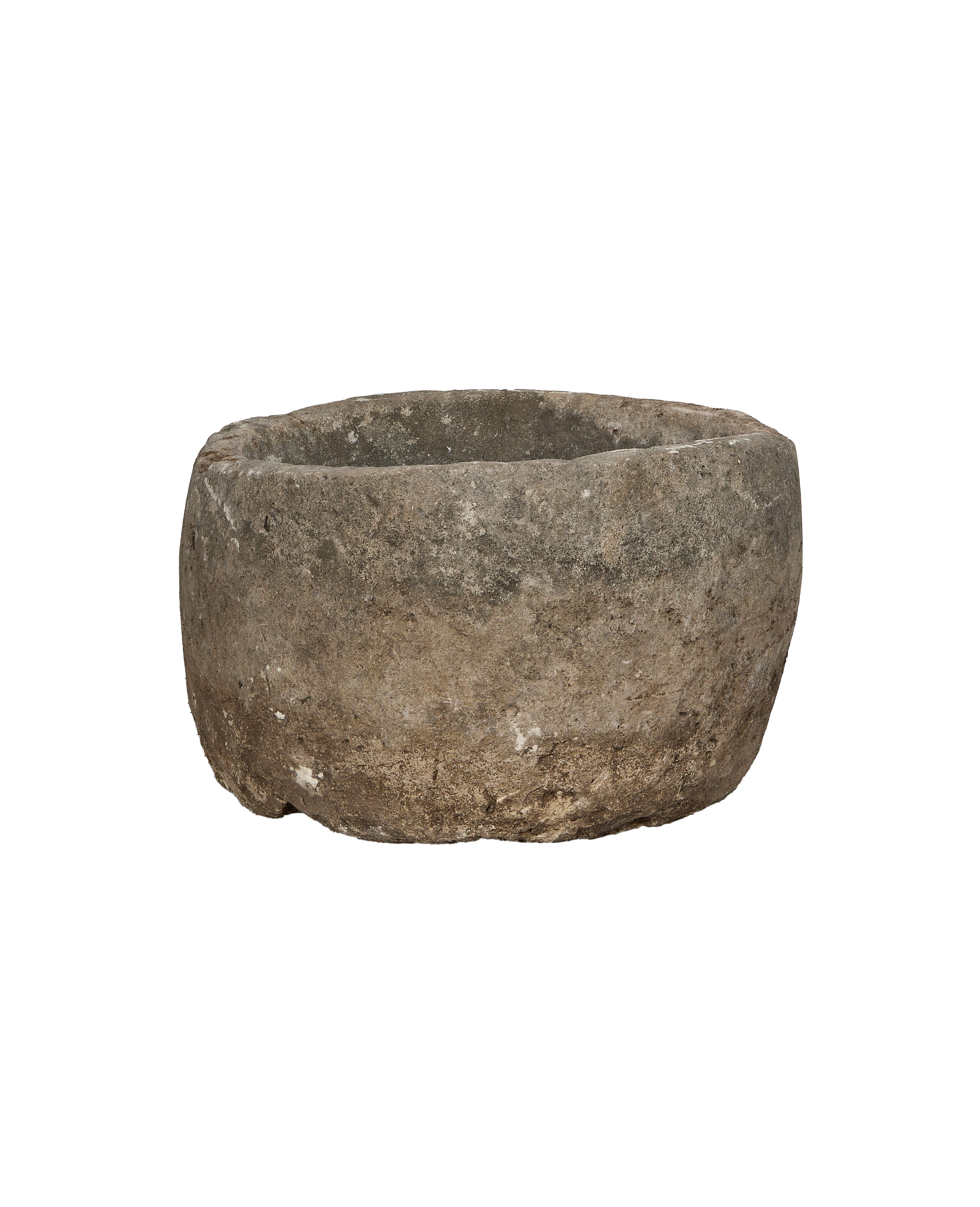 Vintage round limestone trough, rough texture, weathered gray with organic patina, from Indonesia.
