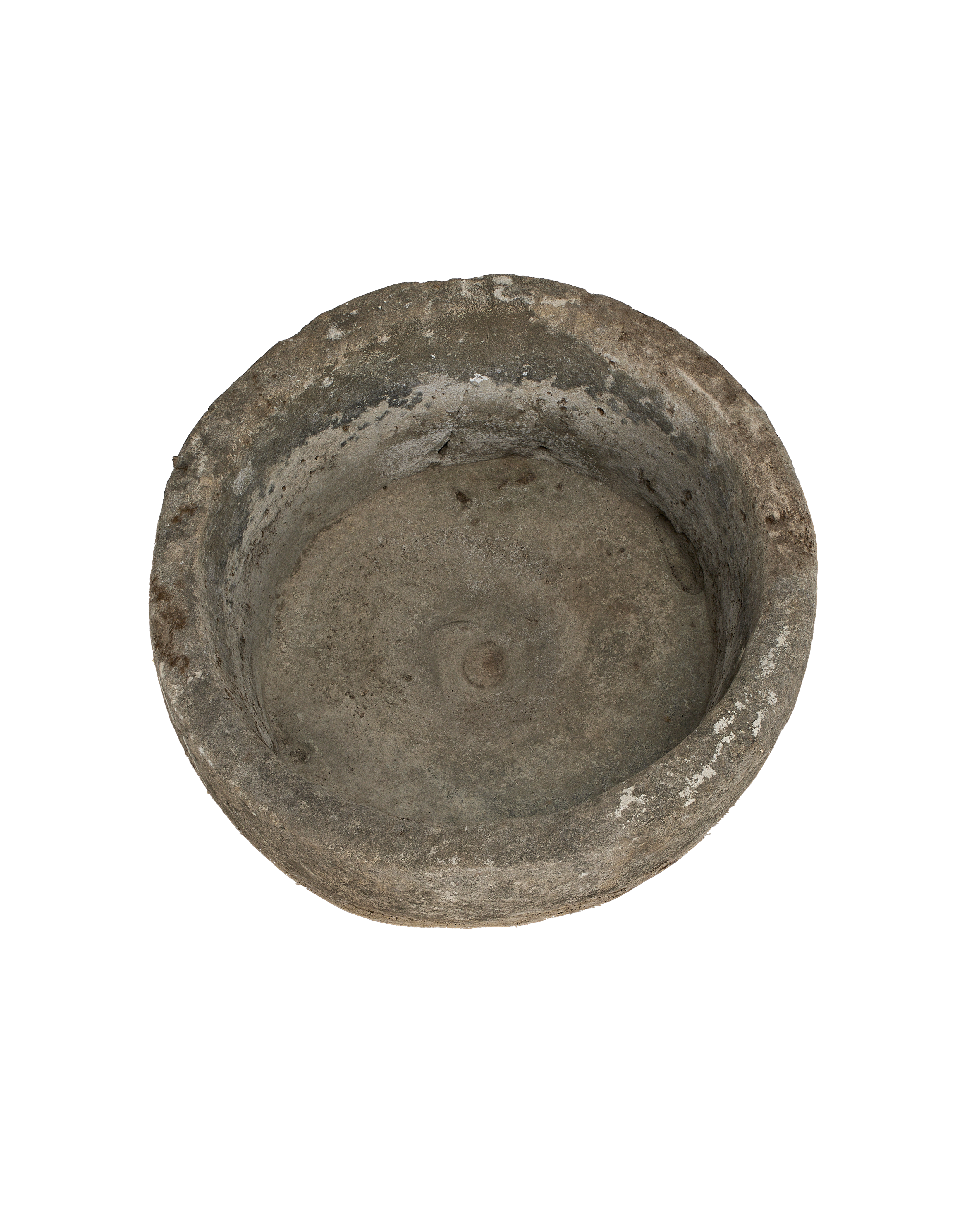 Vintage round Indonesian limestone trough, showing weathered interior details and unique imperfections from above.