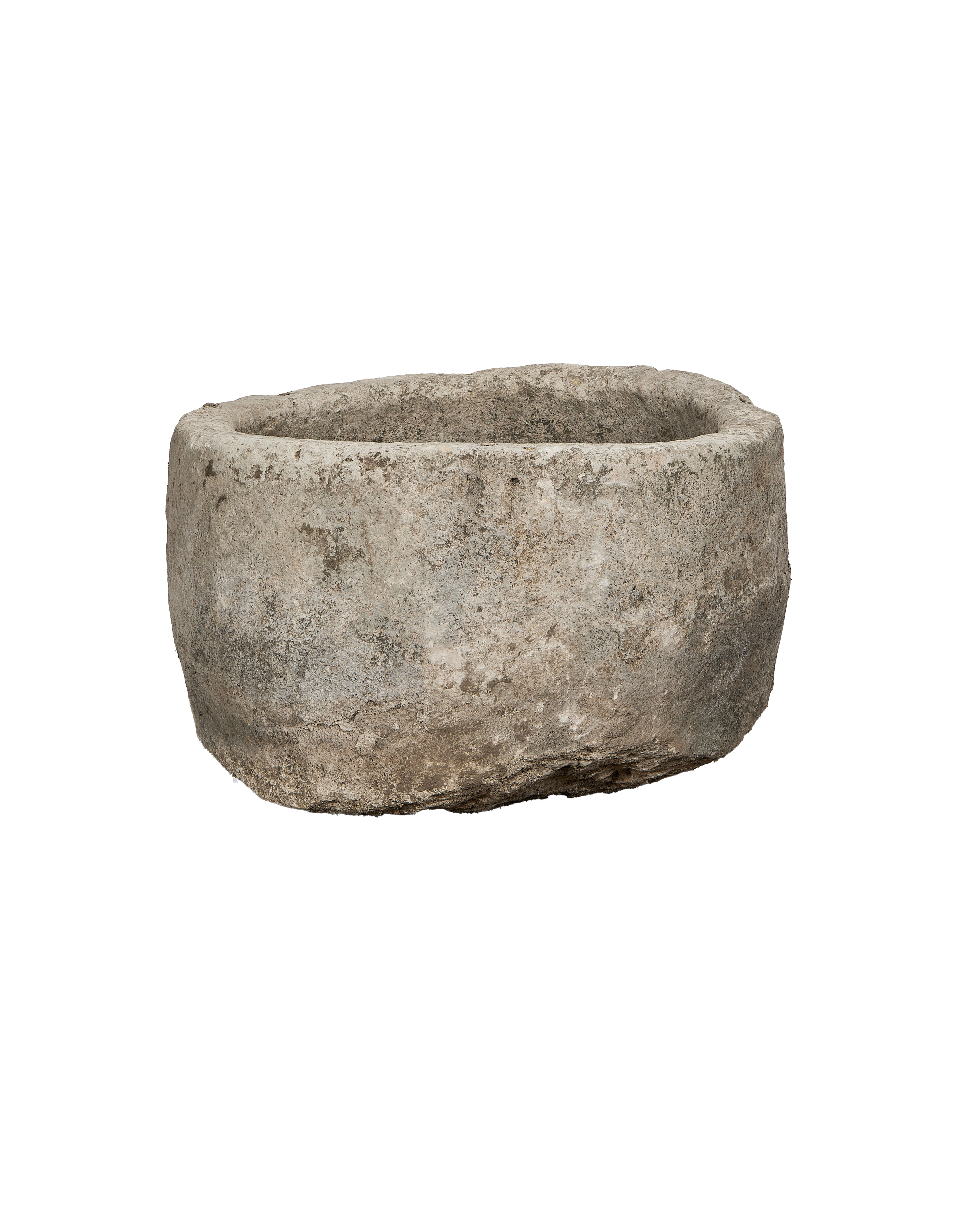 Vintage round limestone trough, aged grey patina, Indonesia, showing textured side and rim.
