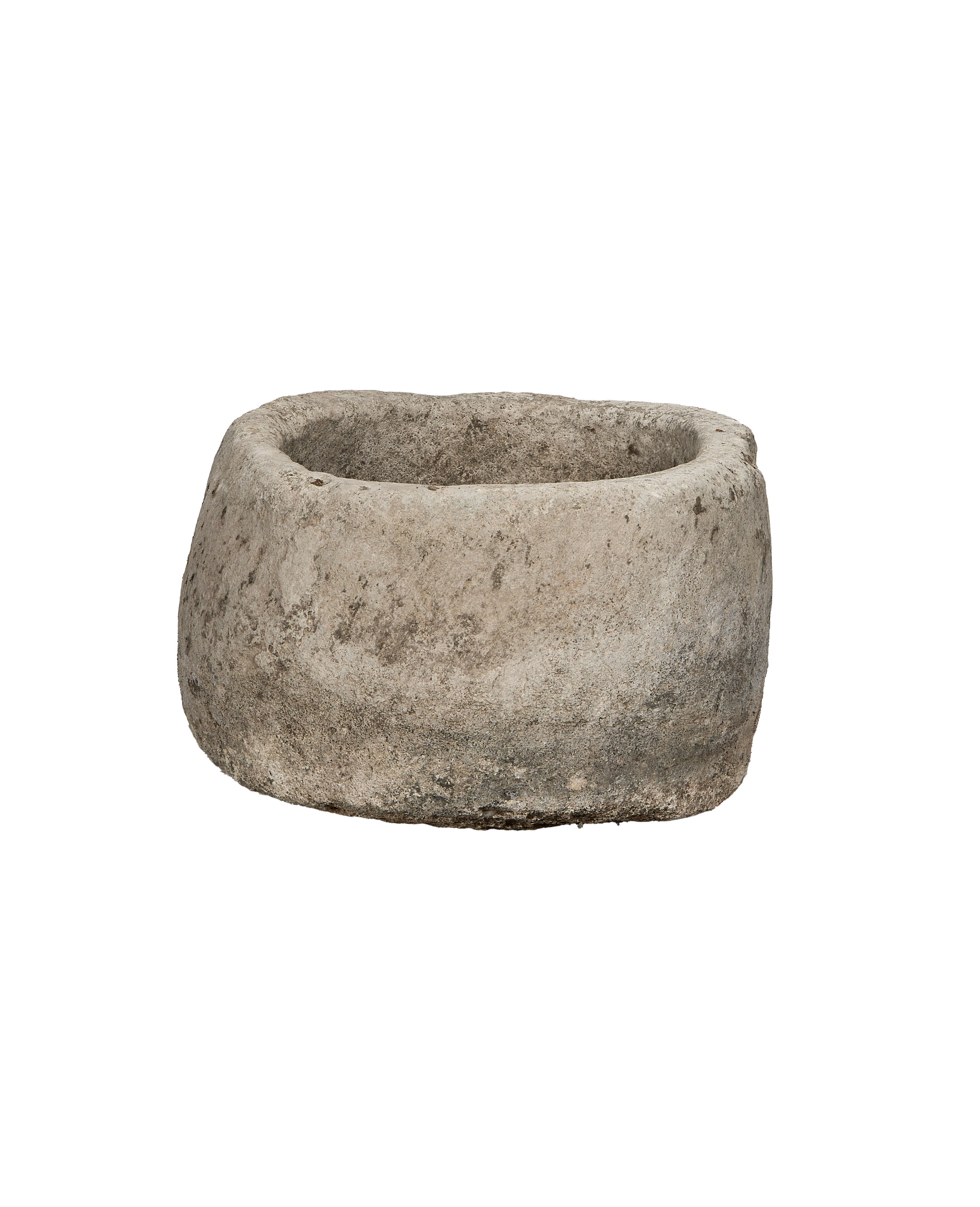 Vintage round Indonesian limestone trough, showing unique uneven texture and rustic patina.
