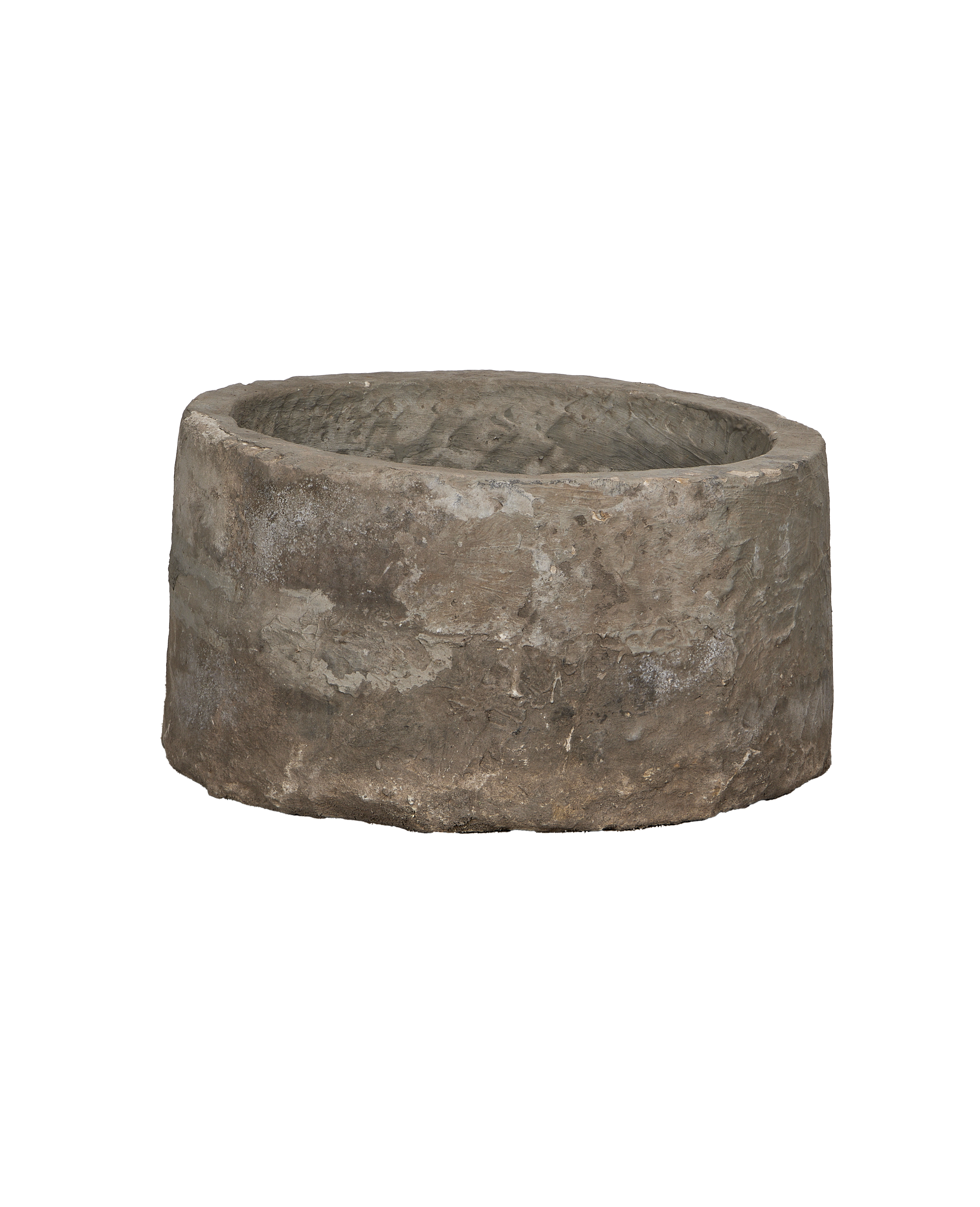 Vintage round Indonesian limestone trough, OAK, with textured, weathered finish.