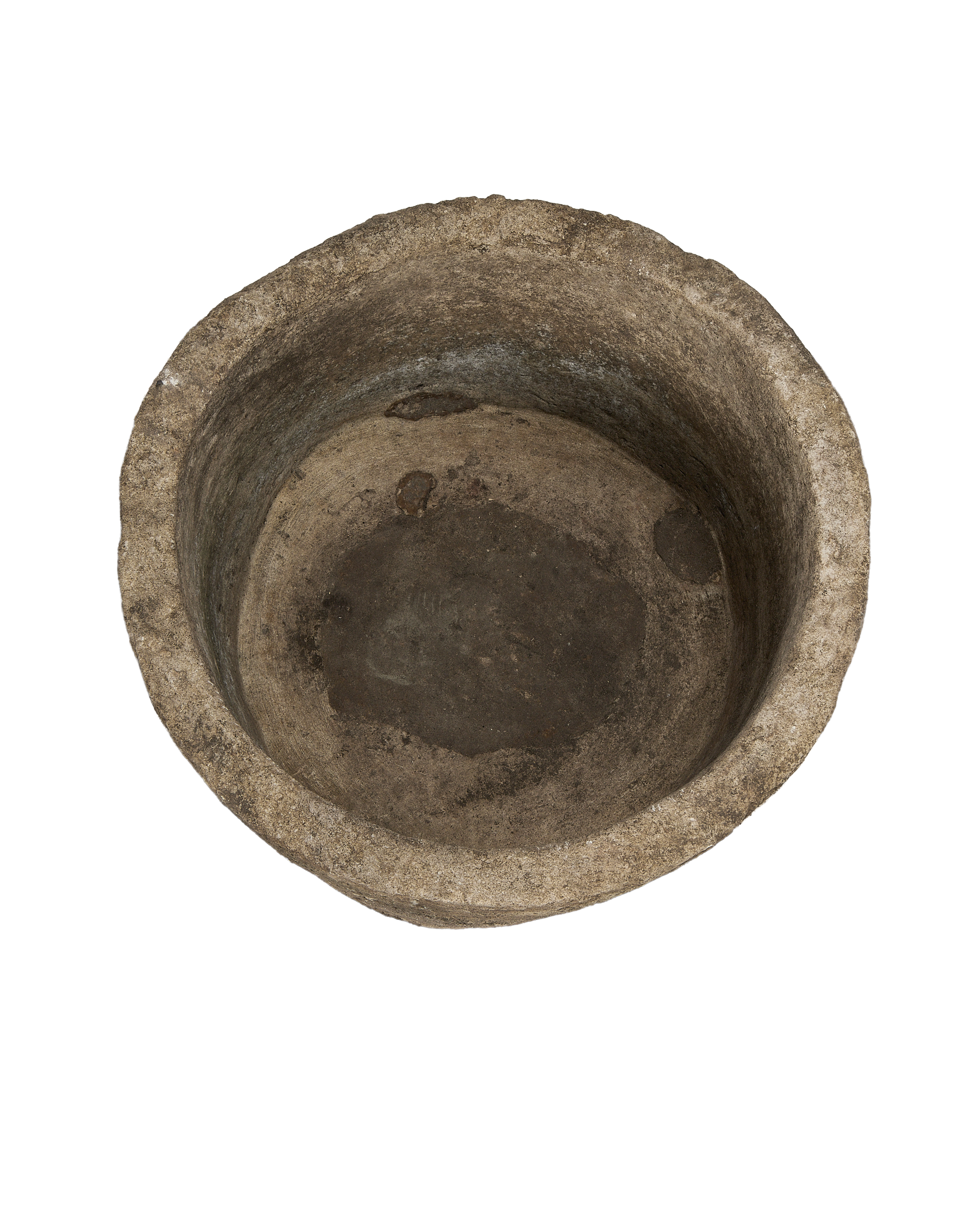 Vintage Indonesian round limestone trough with aged, weathered texture and natural imperfections.