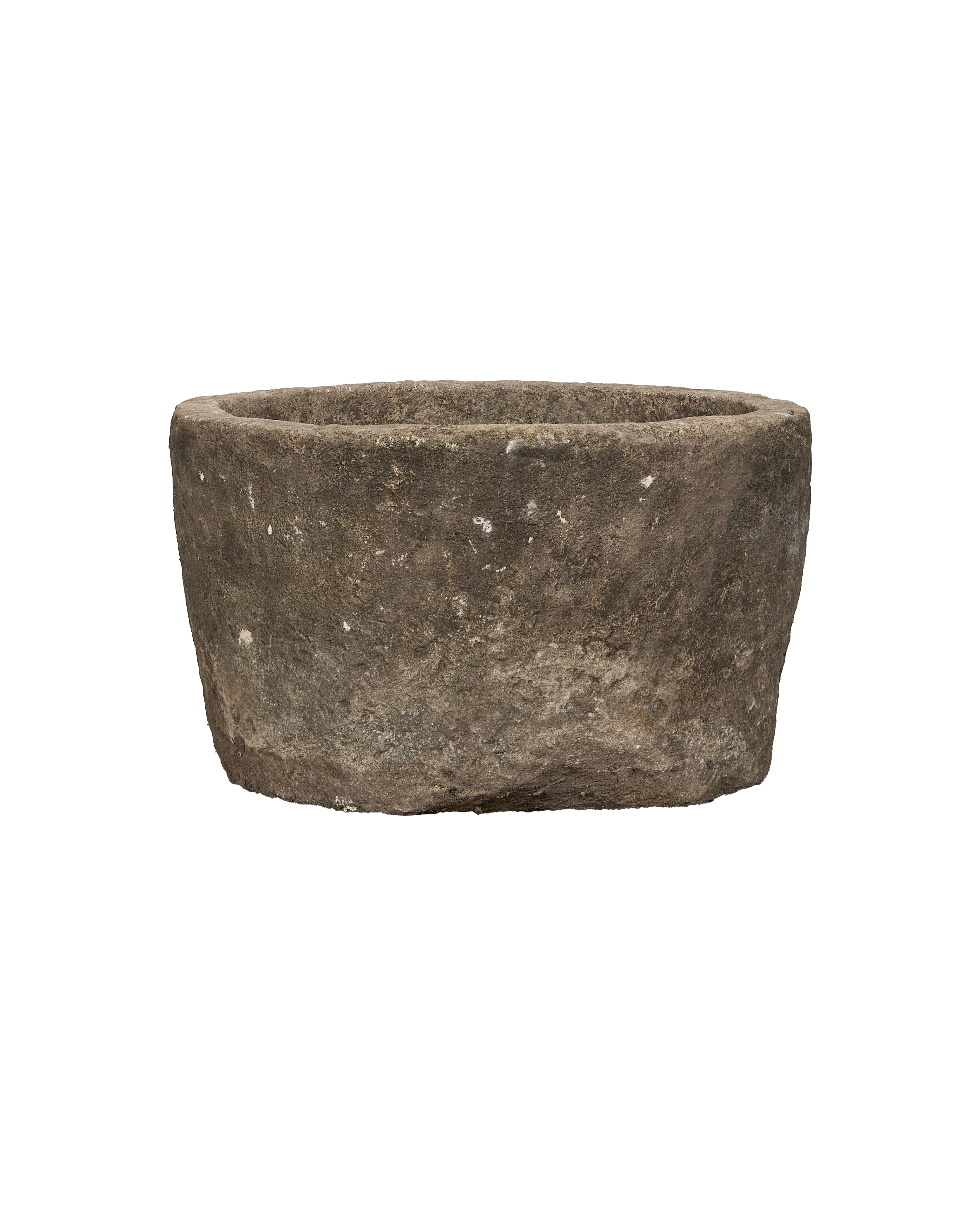 Vintage Indonesian round limestone trough, showing weathered texture and natural imperfections.