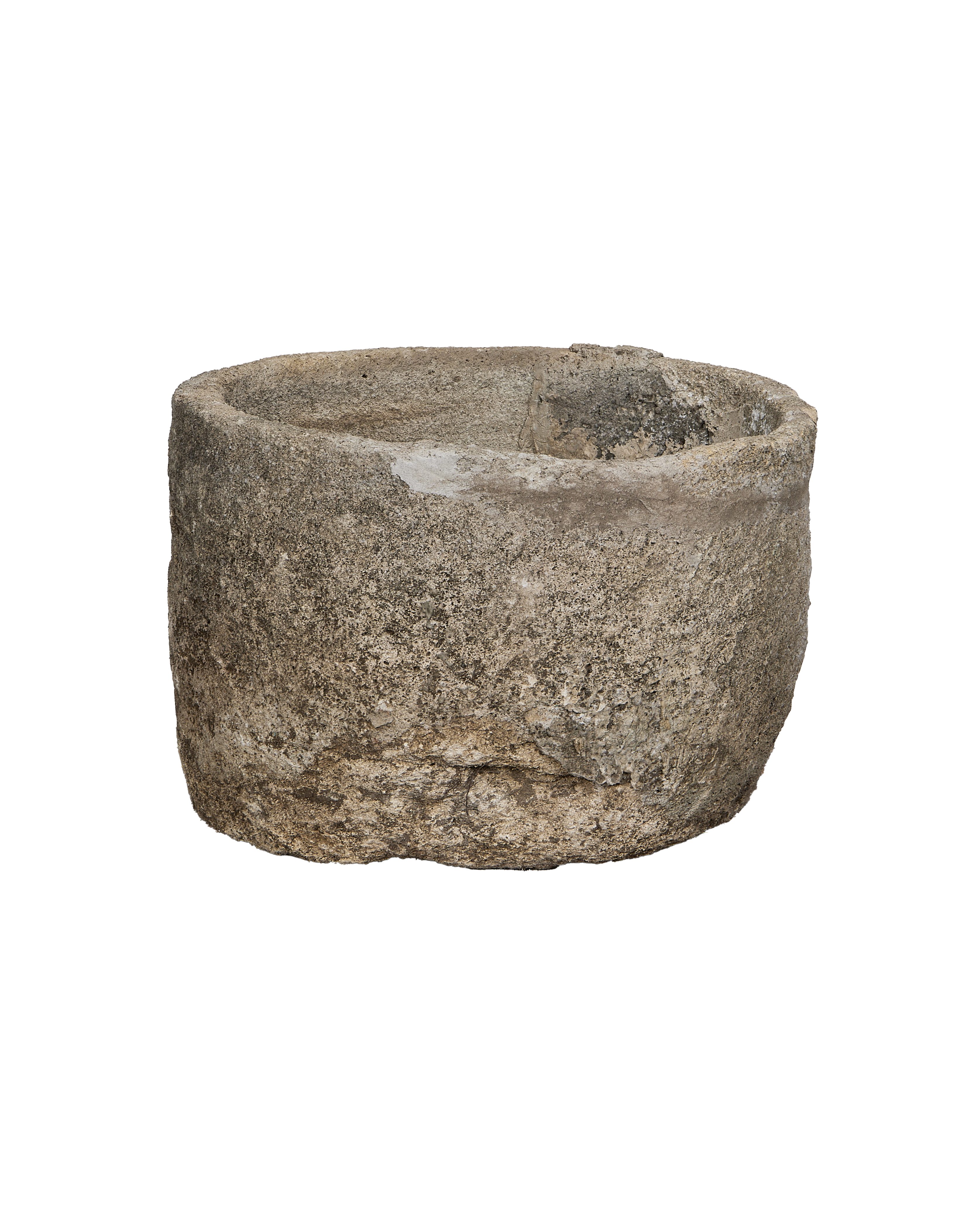 Vintage Indonesian round limestone trough, rough texture, weathered light grey OAK finish, main view.