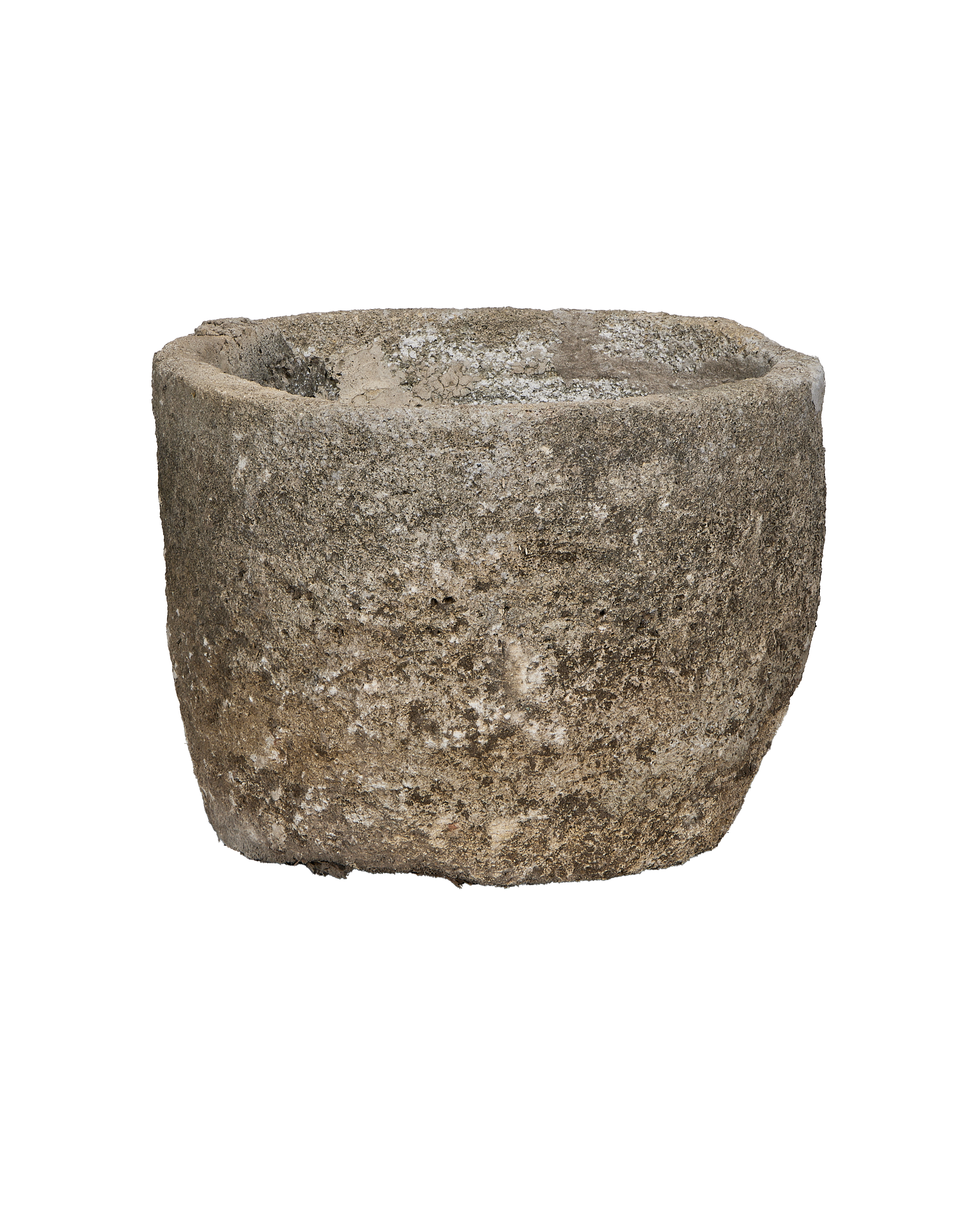 Vintage Indonesian limestone trough (OAK round) from a slightly elevated angle.