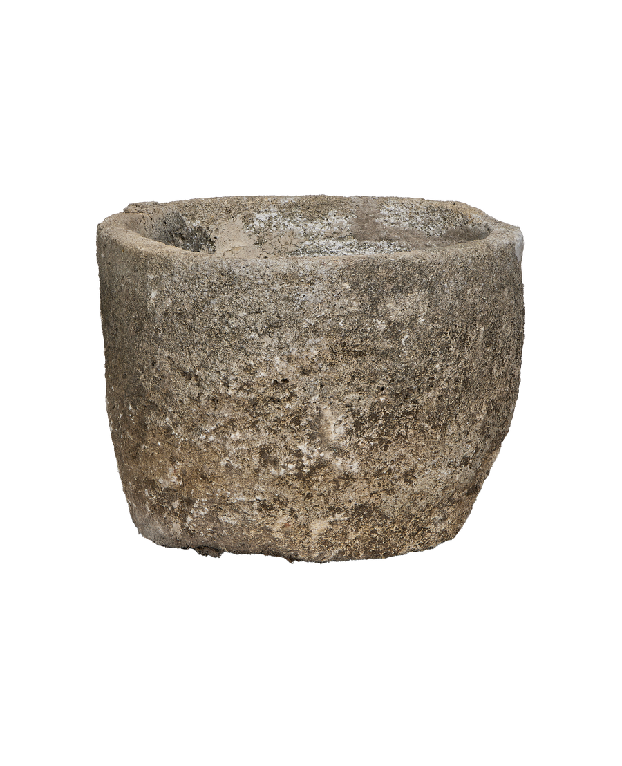 Vintage Indonesian limestone trough (OAK round) from a slightly elevated angle.