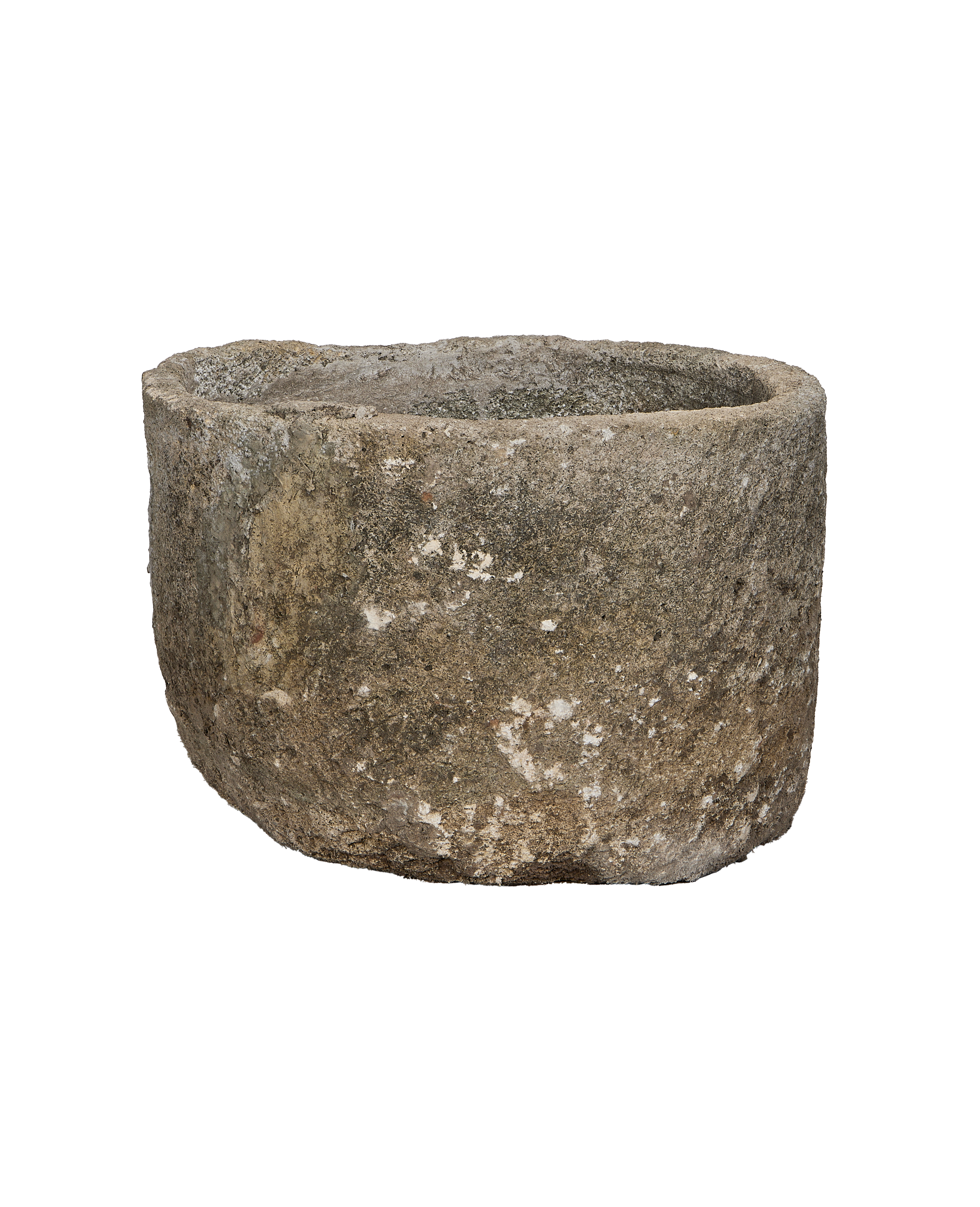 Vintage Indonesian round limestone trough, showing unique weathered exterior texture.