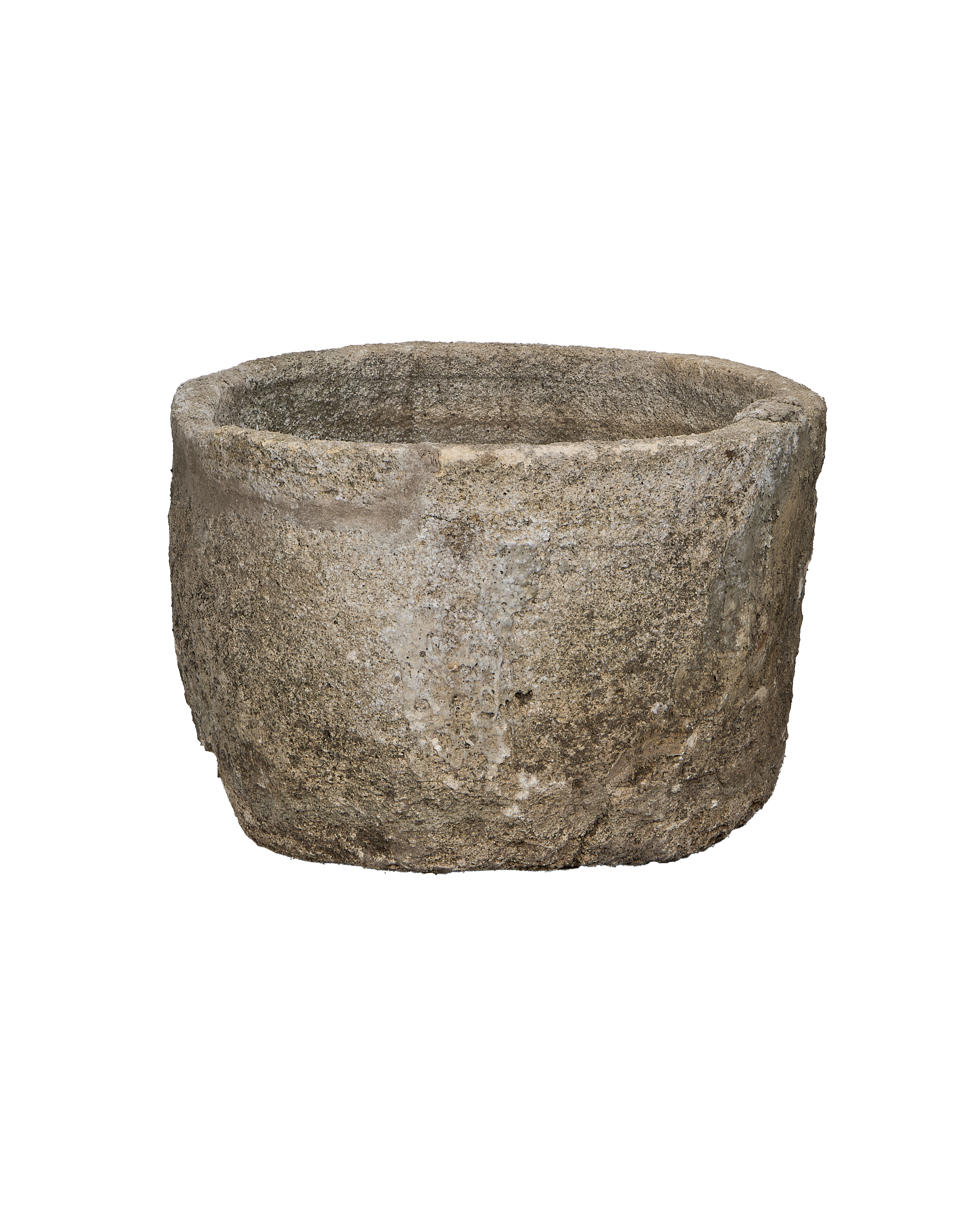 Vintage round Indonesian limestone trough, showing weathered side texture.