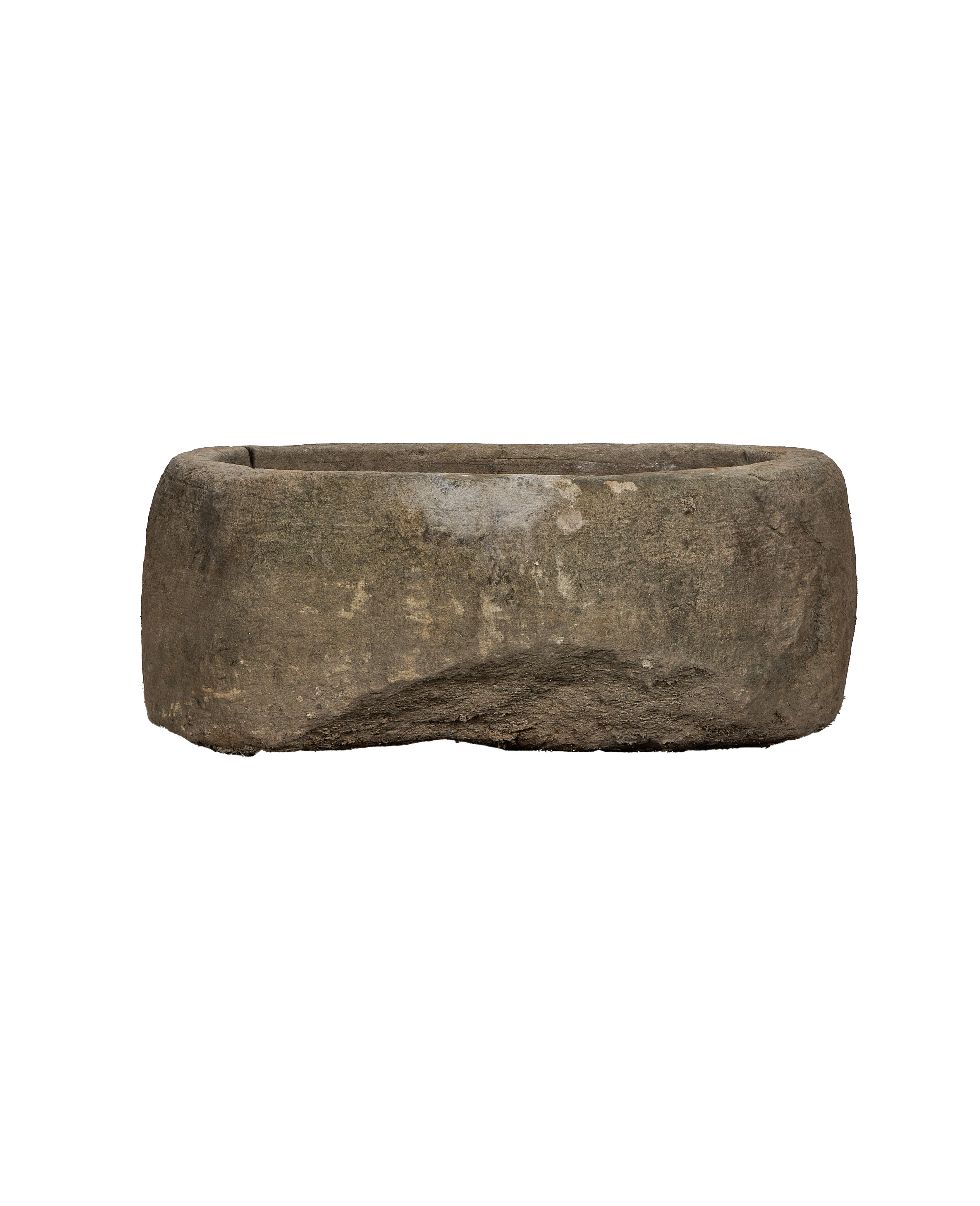 Vintage oblong limestone trough from Indonesia, showing rough textured side and bottom.