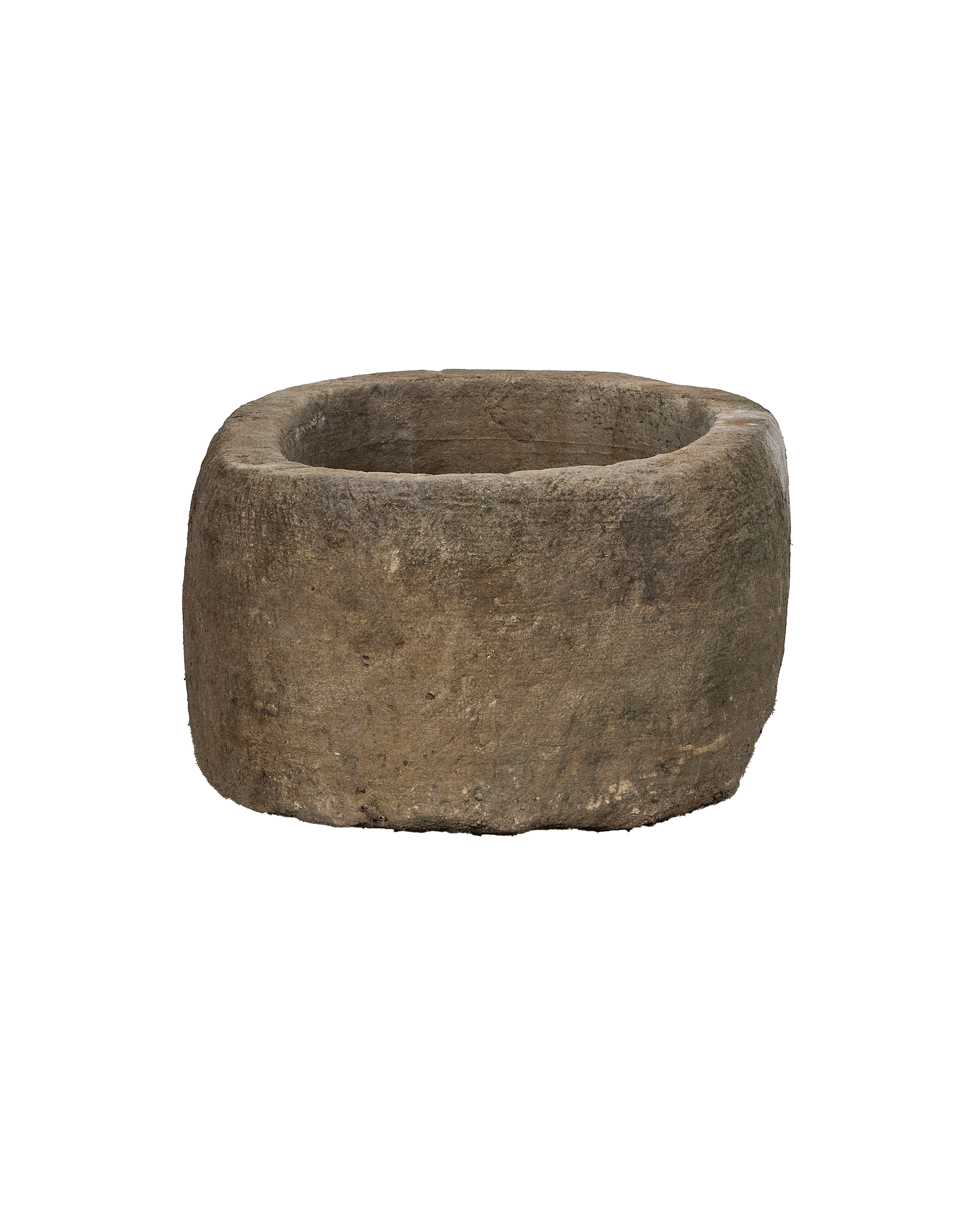 Vintage Indonesian oval limestone trough, showing unique upper rim design and weathered texture.