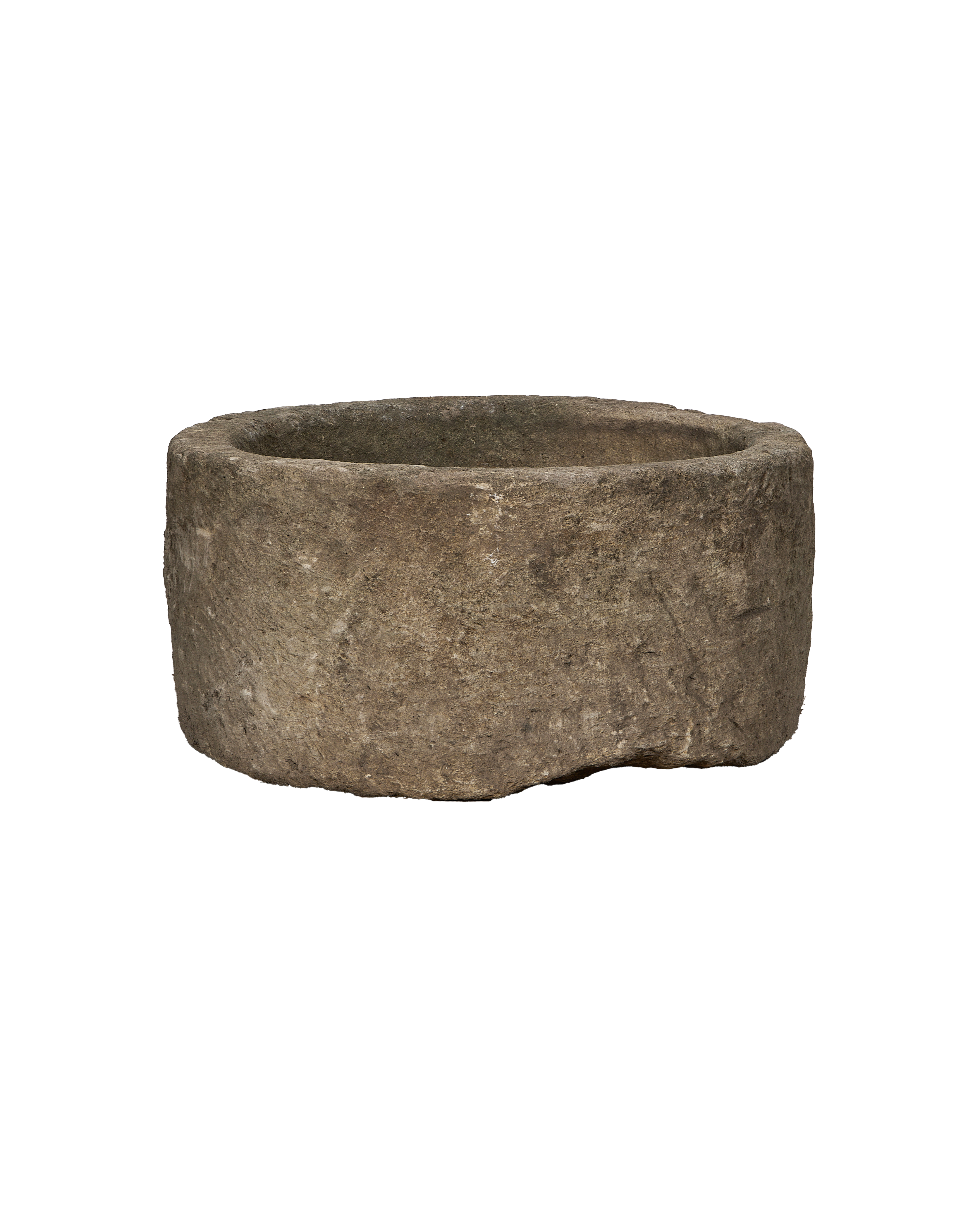 Vintage round Indonesian limestone trough, OAK style, with weathered gray texture.