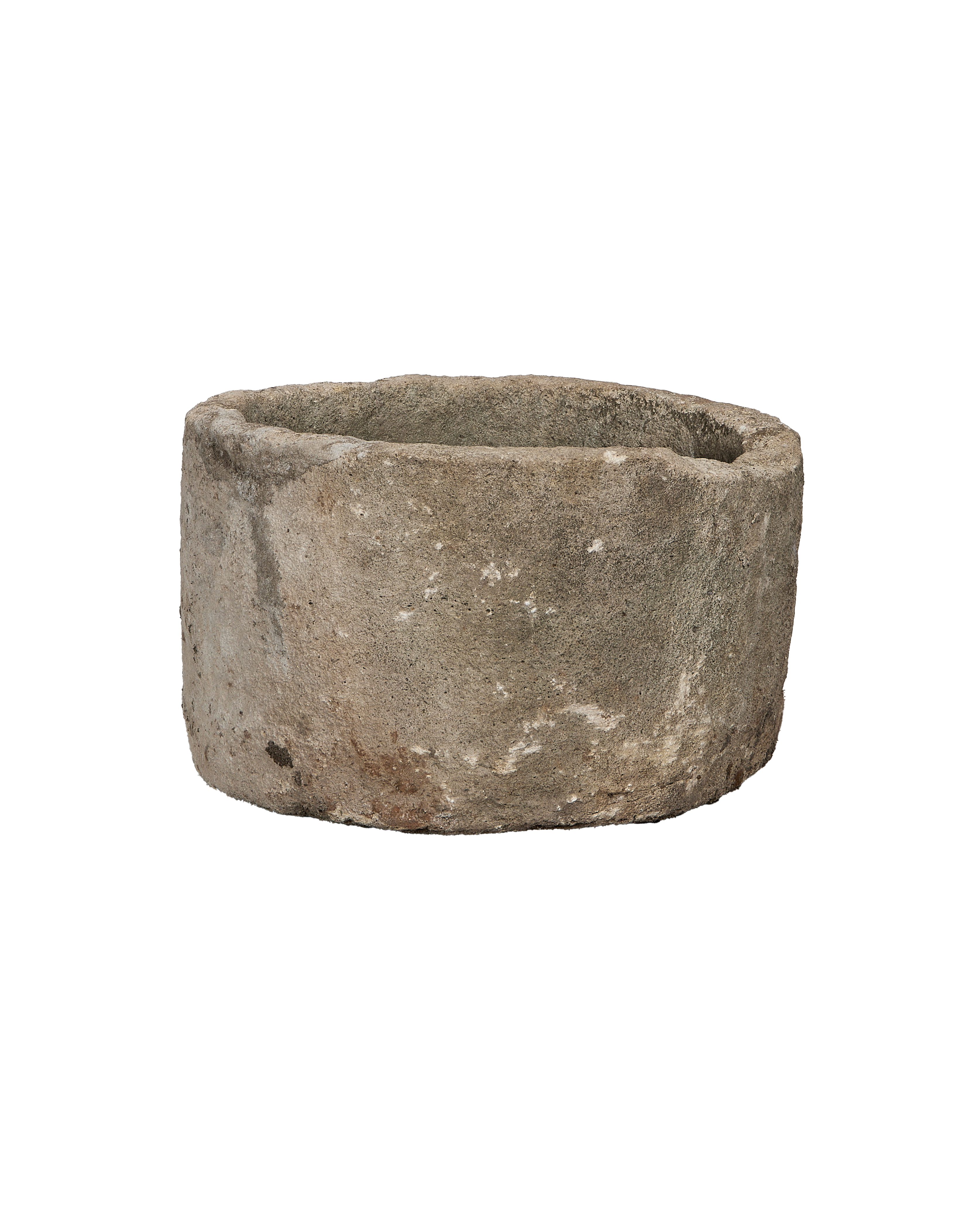 Vintage round limestone trough, light gray, with naturally distressed texture from Indonesia.