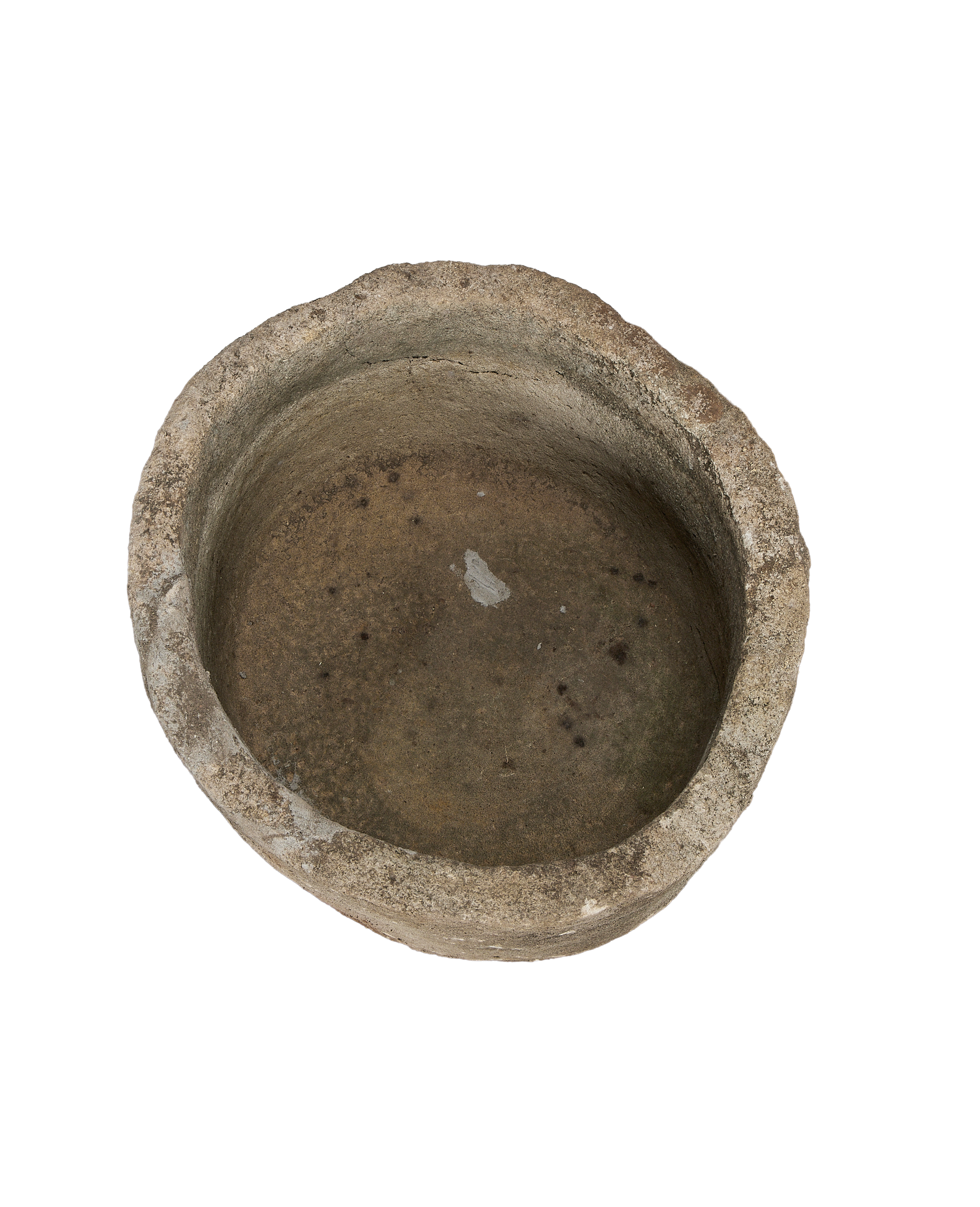 Vintage round Indonesian limestone trough, top view revealing aged texture and internal discoloration.