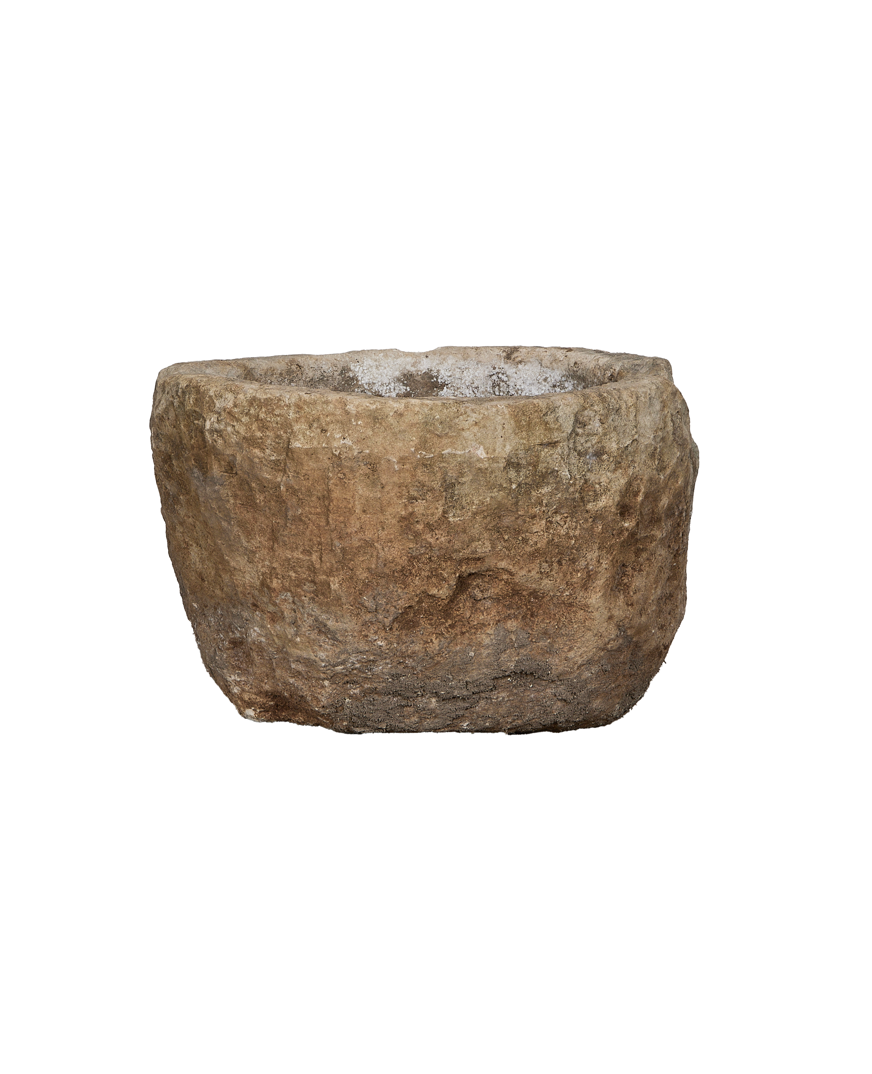 Vintage Indonesian round limestone trough, naturally weathered with textured, rough surface and rugged rim.