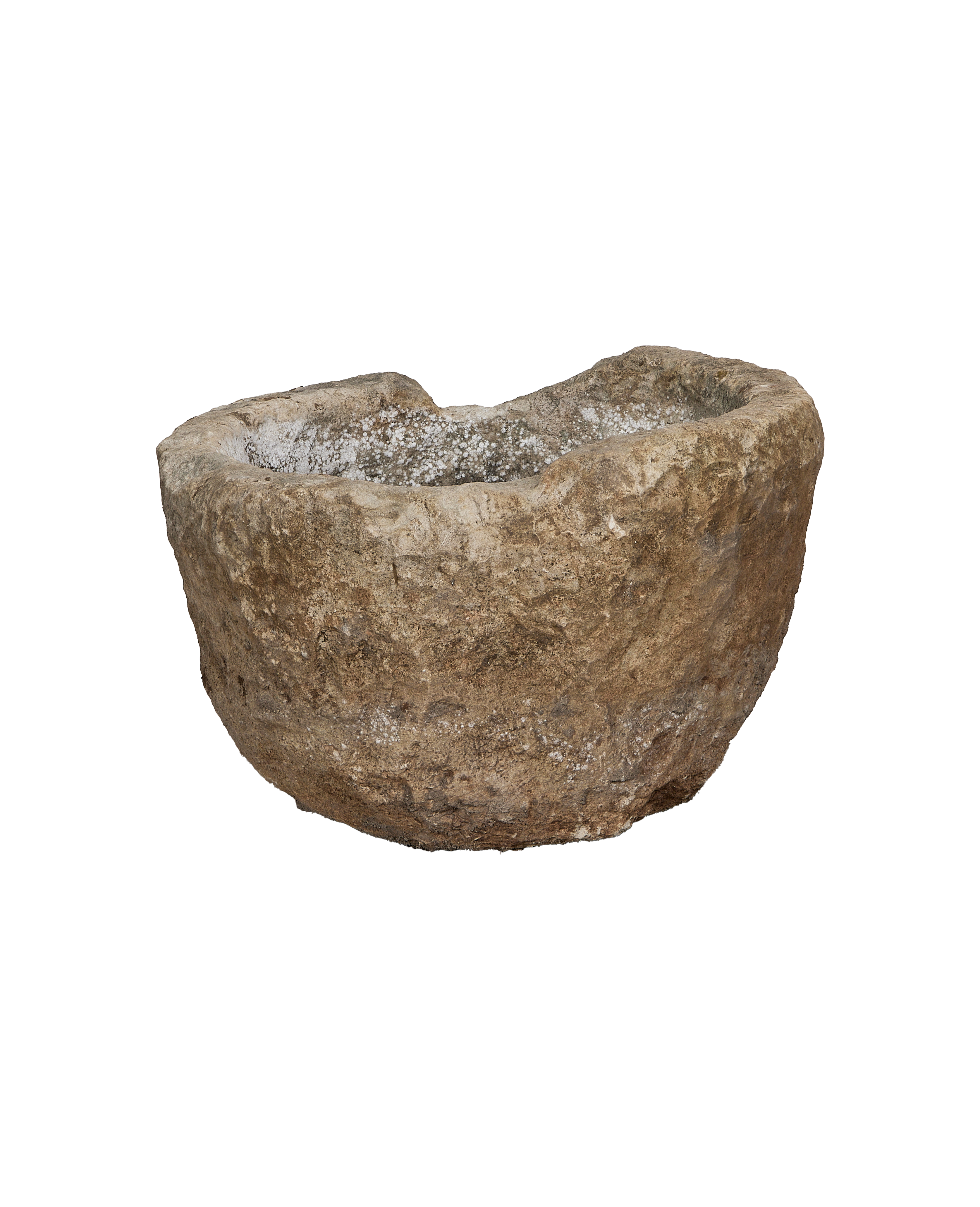 Vintage Indonesian limestone trough, round, showcasing natural rock texture and aged interior.