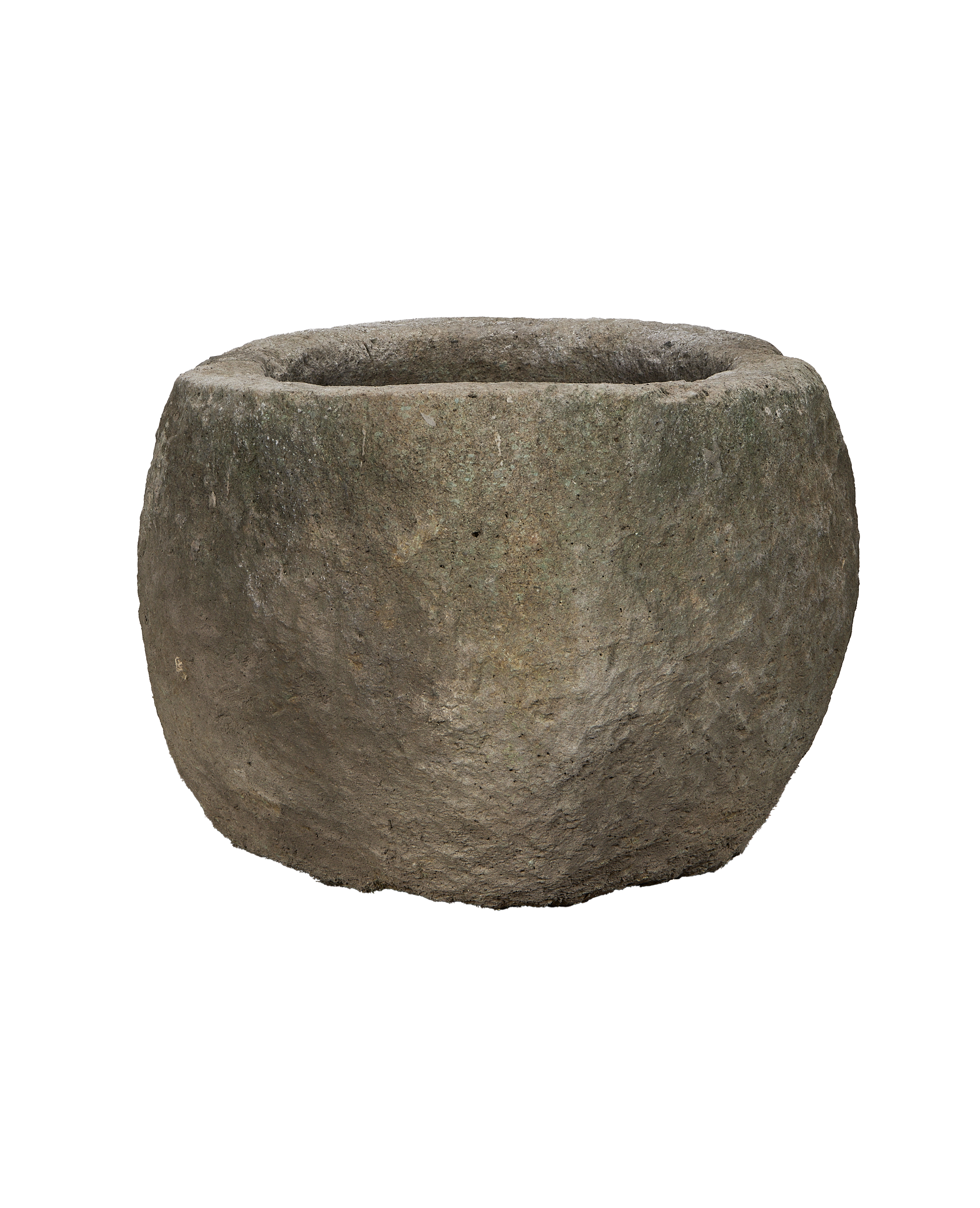 Vintage round Indonesian limestone trough, OAK style, with weathered gray patina.